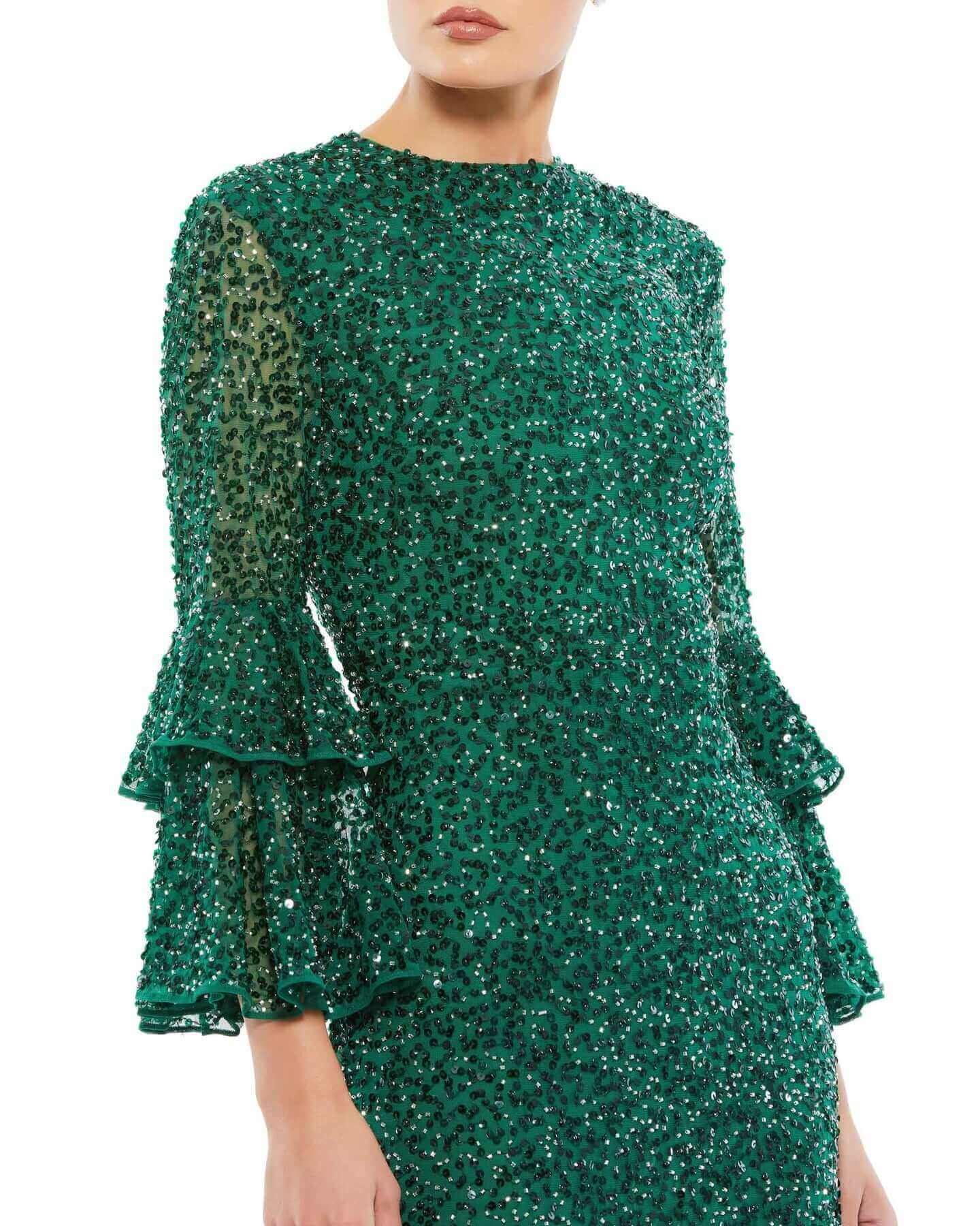 Mac Duggal Style#10802, Tiered Ruffle 3/4 Sleeve Cocktail Dress, Cocktail,long sleeve,Ruffles,Sequin,Tea Length, $600.00