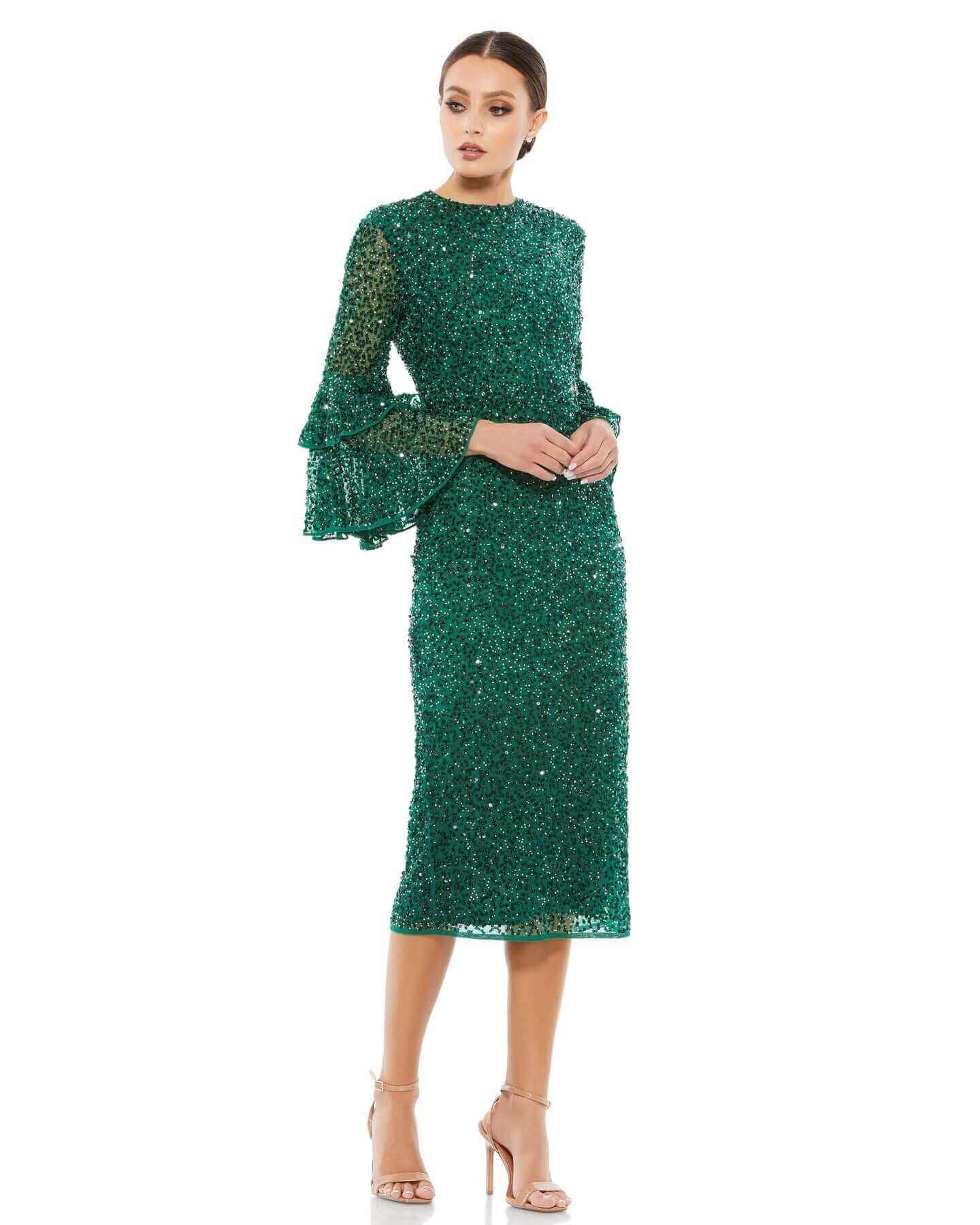 Mac Duggal Style#10802, Tiered Ruffle 3/4 Sleeve Cocktail Dress, Cocktail,long sleeve,Ruffles,Sequin,Tea Length, $600.00