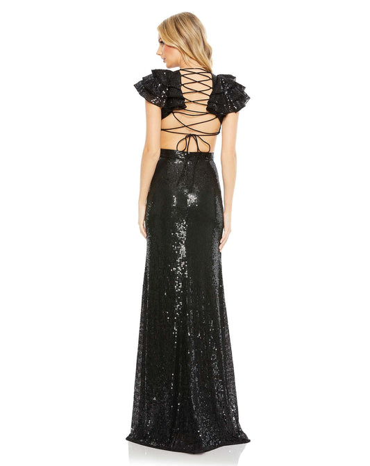 Mac Duggal Style#10829, Sequined Ruffled Cutout Open Back Gown, Cap Sleeve,Fit and Flare,Floor Length,Open Back,Ruffles,Sequin,V-Neck, $850.00