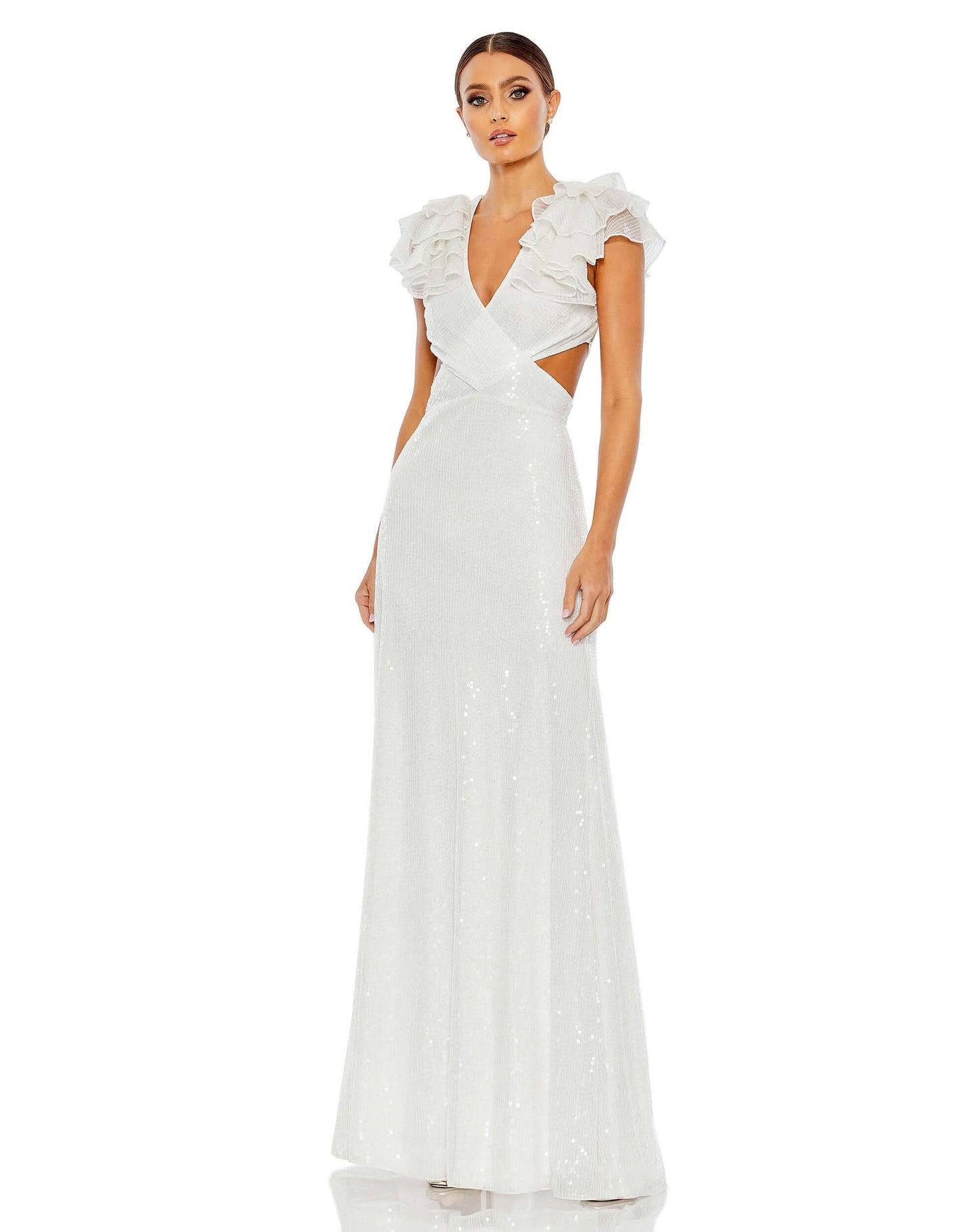 Mac Duggal Style#10829, Sequined Ruffled Cutout Open Back Gown, Cap Sleeve,Fit and Flare,Floor Length,Open Back,Ruffles,Sequin,V-Neck, $850.00