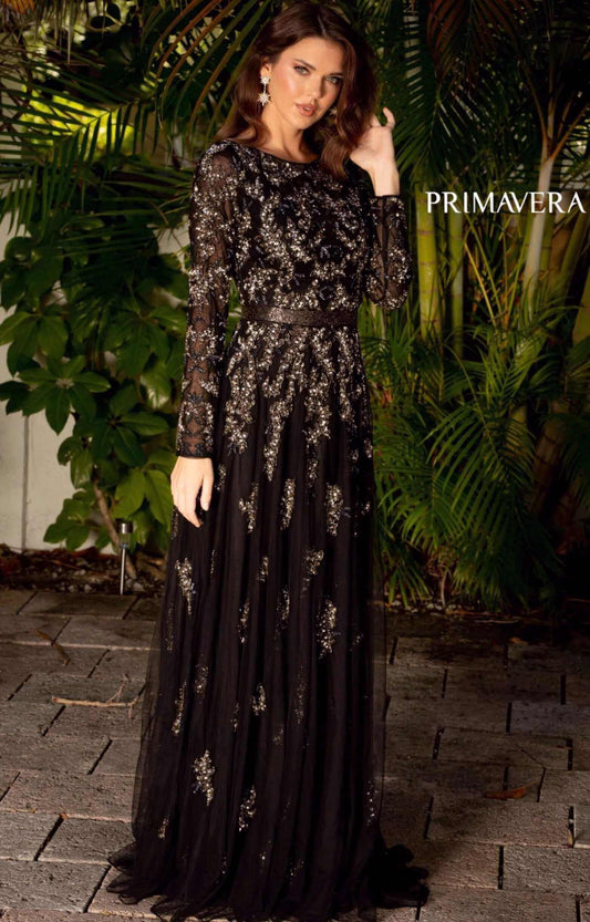 Primavera Style#11053, A-Line Beaded Long Sleeve Gown, A line,beaded,Floor Length,long sleeve,Sequin,Tulle, $850.00