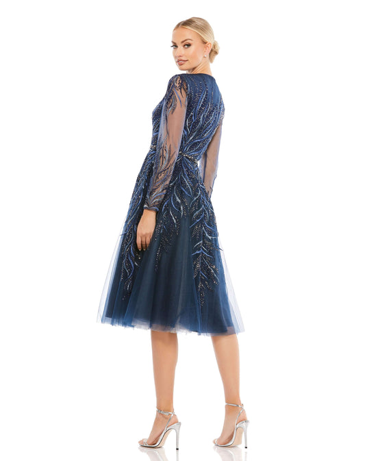 Mac Duggal Style#11136, Embellished Tea-Length Illusion Cocktail Dress, A line,long sleeve,SALE,Sequin,Tea Length, $595.00