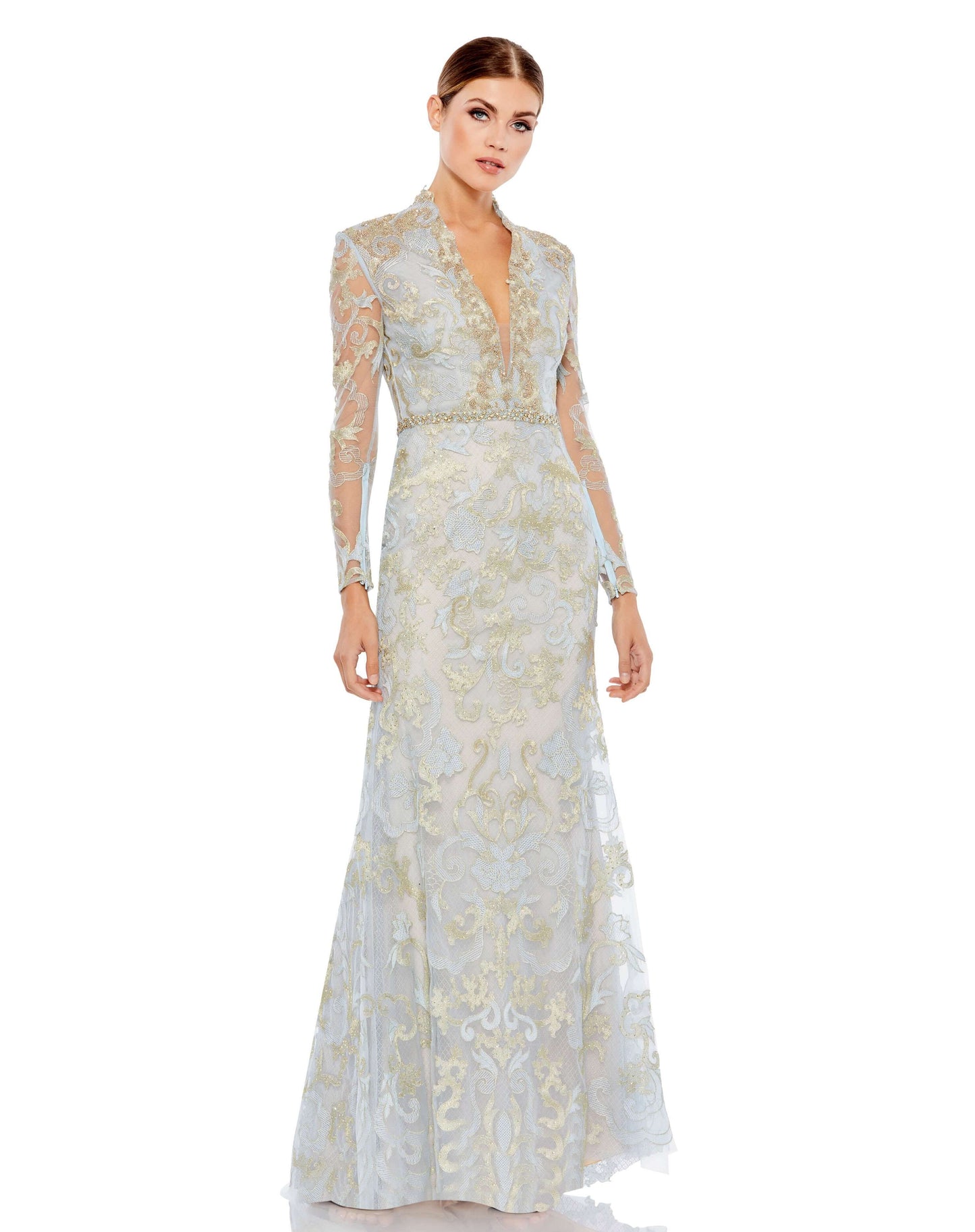 Long sleeve v-neck gown with decorative metallic-gold applique and embroidered detail throughout. Natural waist is accent by a hand-beaded belt. Mac Duggal Partially Lined Back Zipper 100% Polyester Long Sleeve Full Length V-Neck Style #11165