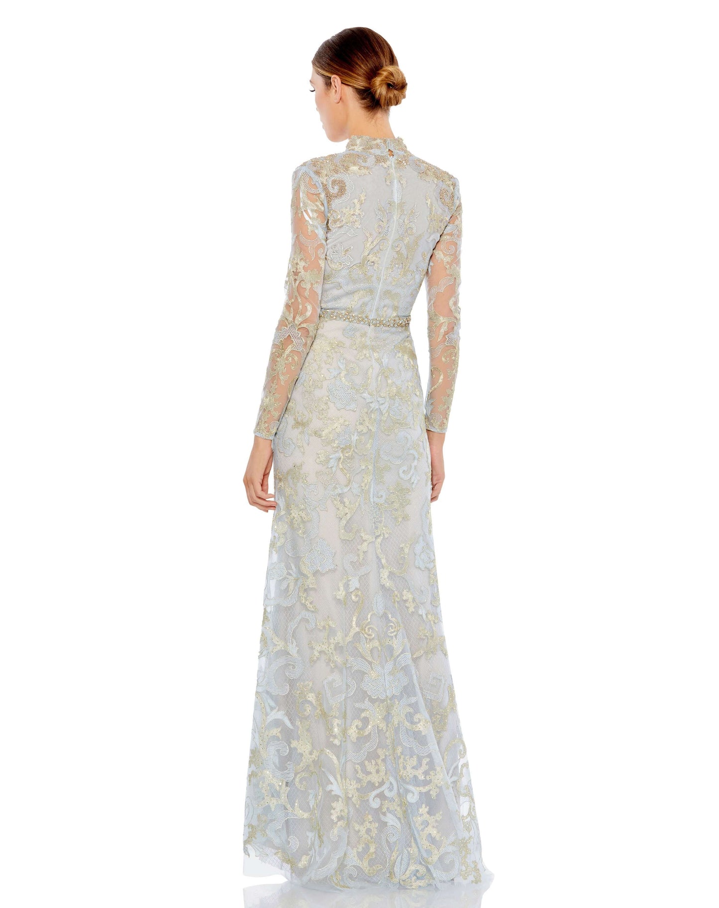 Long sleeve v-neck gown with decorative metallic-gold applique and embroidered detail throughout. Natural waist is accent by a hand-beaded belt. Mac Duggal Partially Lined Back Zipper 100% Polyester Long Sleeve Full Length V-Neck Style #11165
