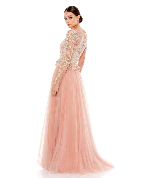 Mac Duggal Style#11168, Floral Lace Illusion Peplum Ballgown, A line,Floor Length,Lace,long sleeve,SALE,Tulle,V-Neck, $850.00