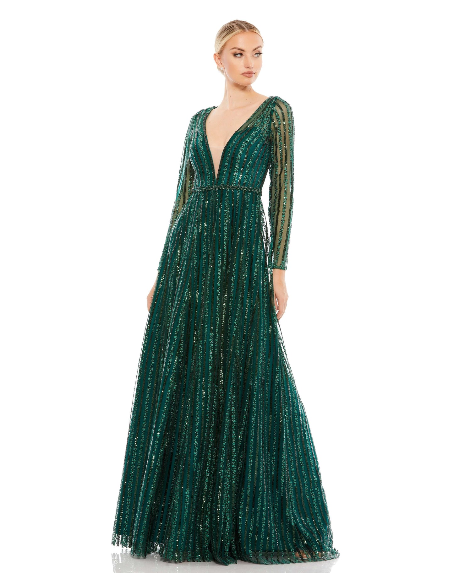 Sequin striped A-line gown with semi-sheer sleeves and back and a hand-beaded waist. Plunging sweetheart neckline features a sheer mesh inset mid-bust. Mac Duggal Partially lined Back Zipper 100% Polyester Long Sleeve Full Length Plunging Illusion Necklin