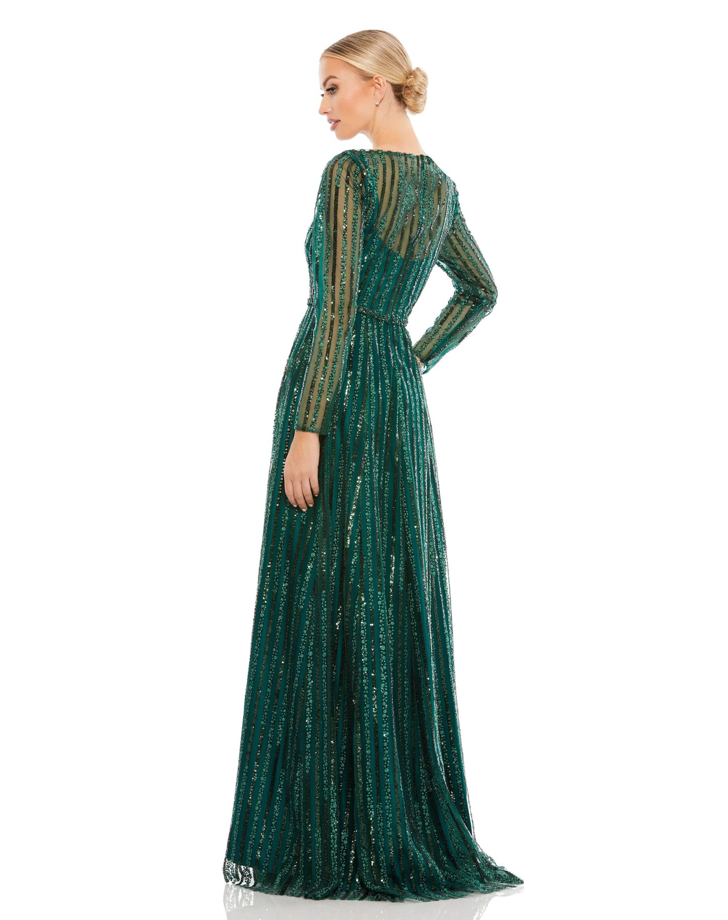 Sequin striped A-line gown with semi-sheer sleeves and back and a hand-beaded waist. Plunging sweetheart neckline features a sheer mesh inset mid-bust. Mac Duggal Partially lined Back Zipper 100% Polyester Long Sleeve Full Length Plunging Illusion Necklin