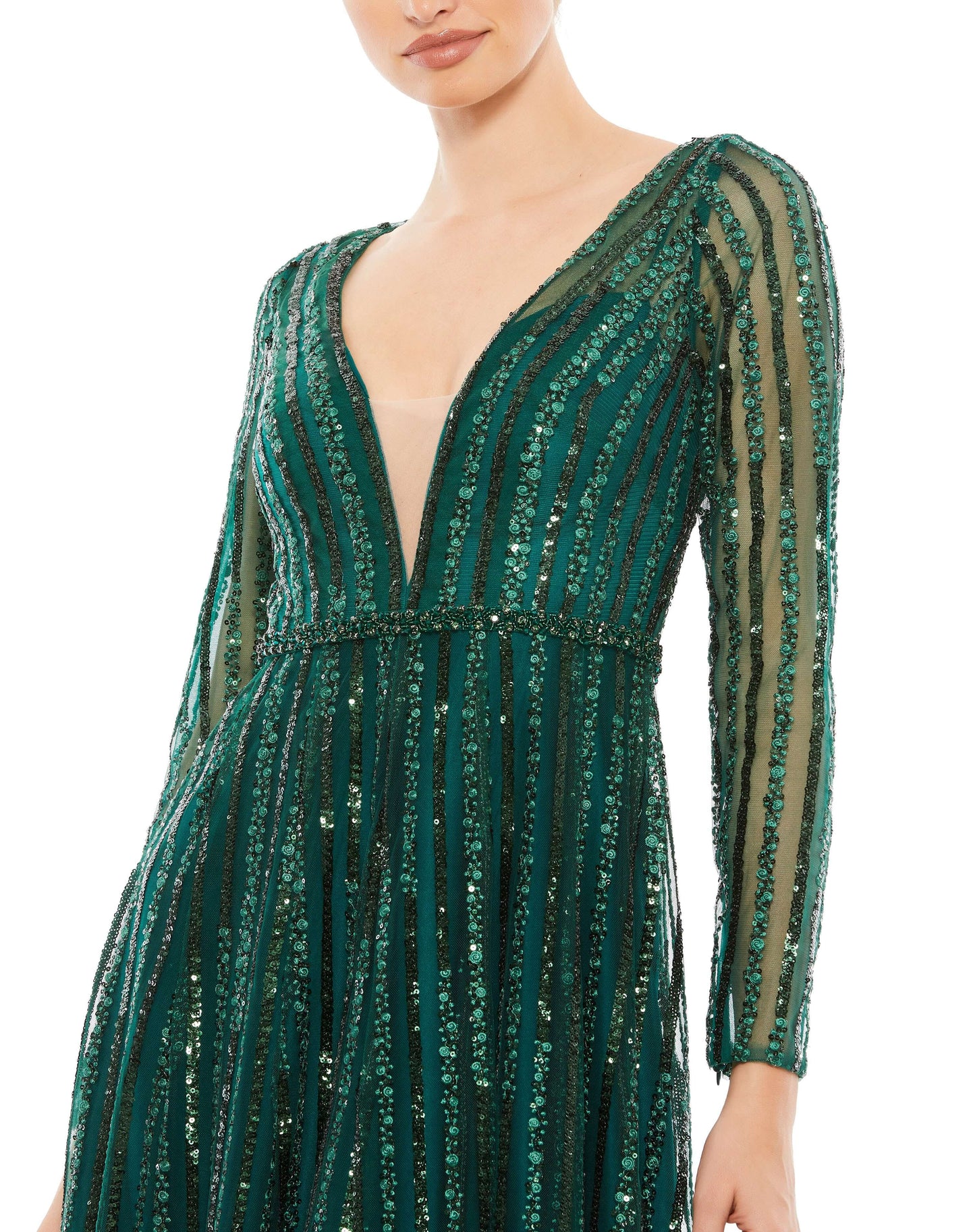 Sequin striped A-line gown with semi-sheer sleeves and back and a hand-beaded waist. Plunging sweetheart neckline features a sheer mesh inset mid-bust. Mac Duggal Partially lined Back Zipper 100% Polyester Long Sleeve Full Length Plunging Illusion Necklin