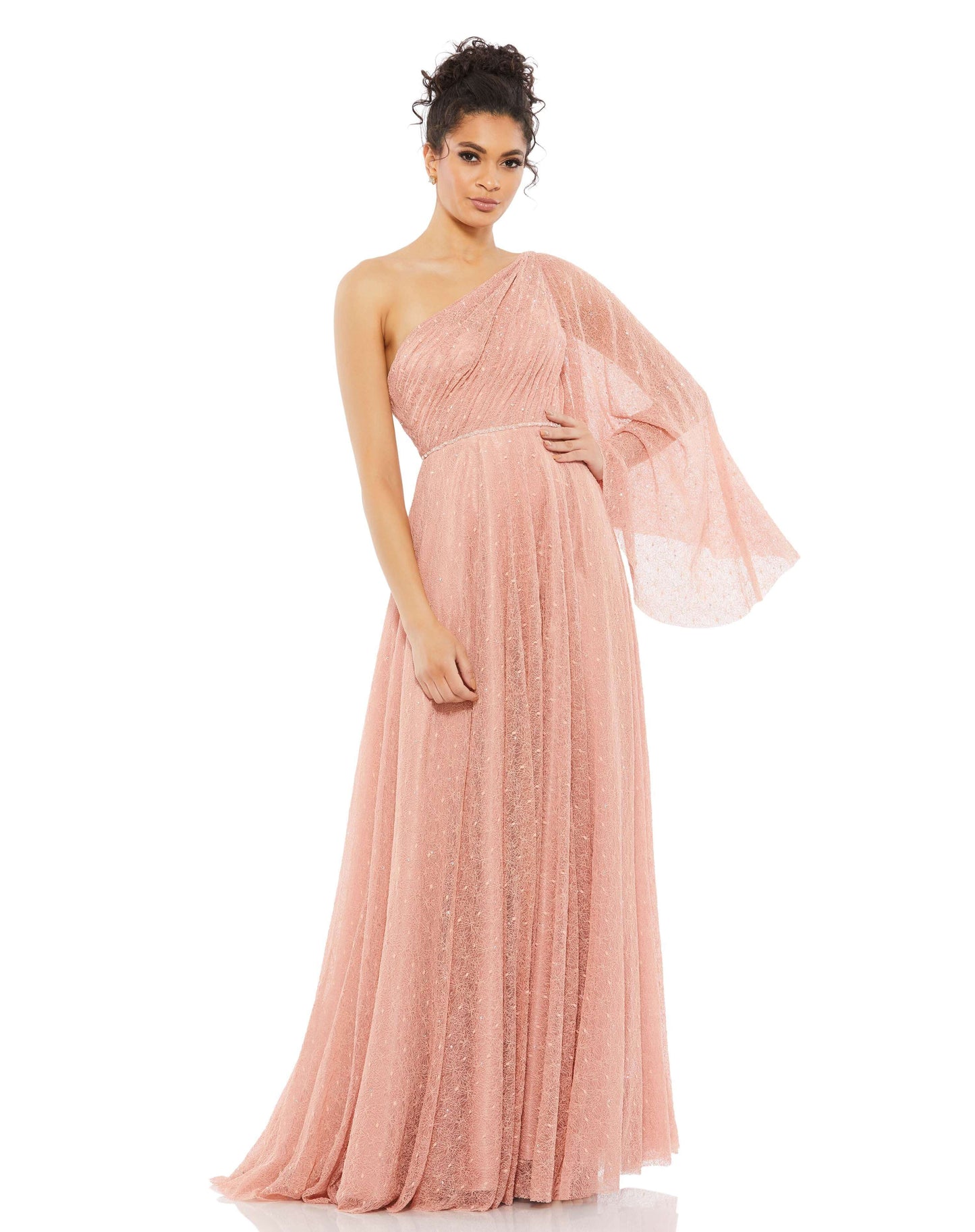 Mac Duggal Style#11244, One-Shoulder Bell Sleeve Lace Gown, A line,Bell Sleeve,Floor Length,Lace,long sleeve,One Shoulder,SALE,sleeveless,Tulle, $700.00