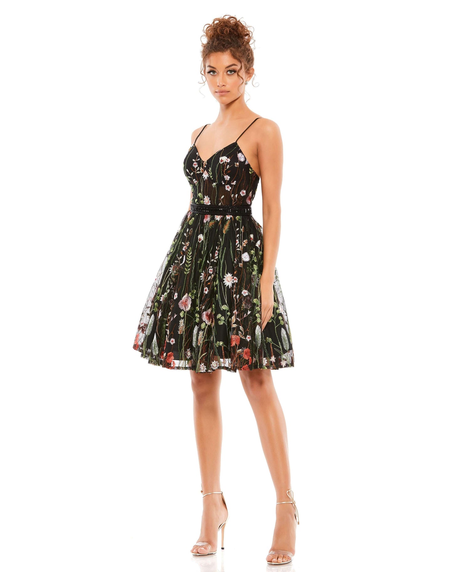 Mac Duggal Style#12345, Floral Embroidered Bustier A-Line Dress, A line,Cocktail,Open Back,short,sleeveless, $550.00
