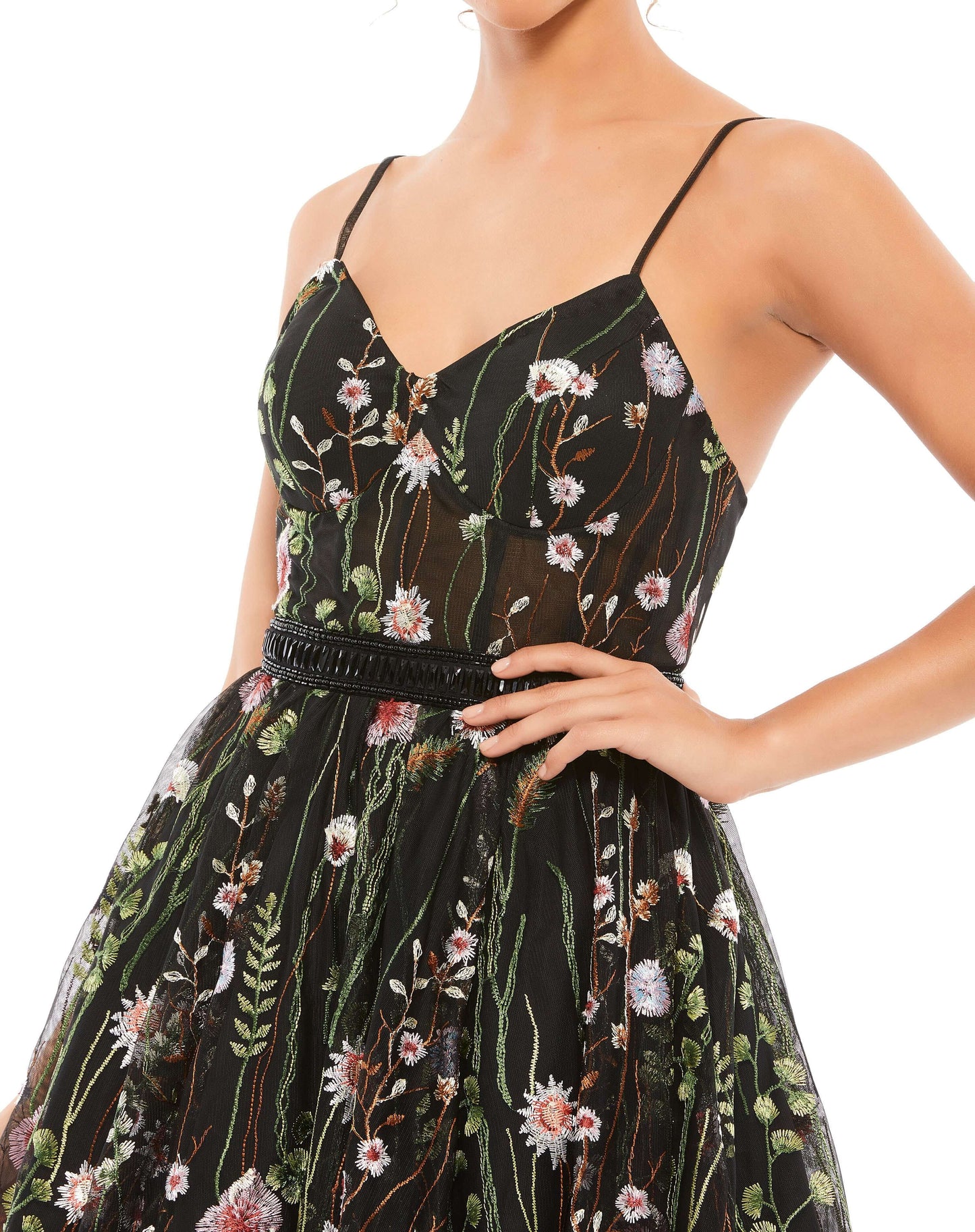 Mac Duggal Style#12345, Floral Embroidered Bustier A-Line Dress, A line,Cocktail,Open Back,short,sleeveless, $550.00