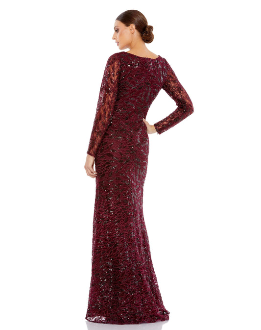 Mac Duggal Style#12412, Long Sleeve Ruched Sequined V-Neck Gown, Floor Length,Lace,long sleeve,Sequin,Sheath,Slit,V-Neck, $975.00