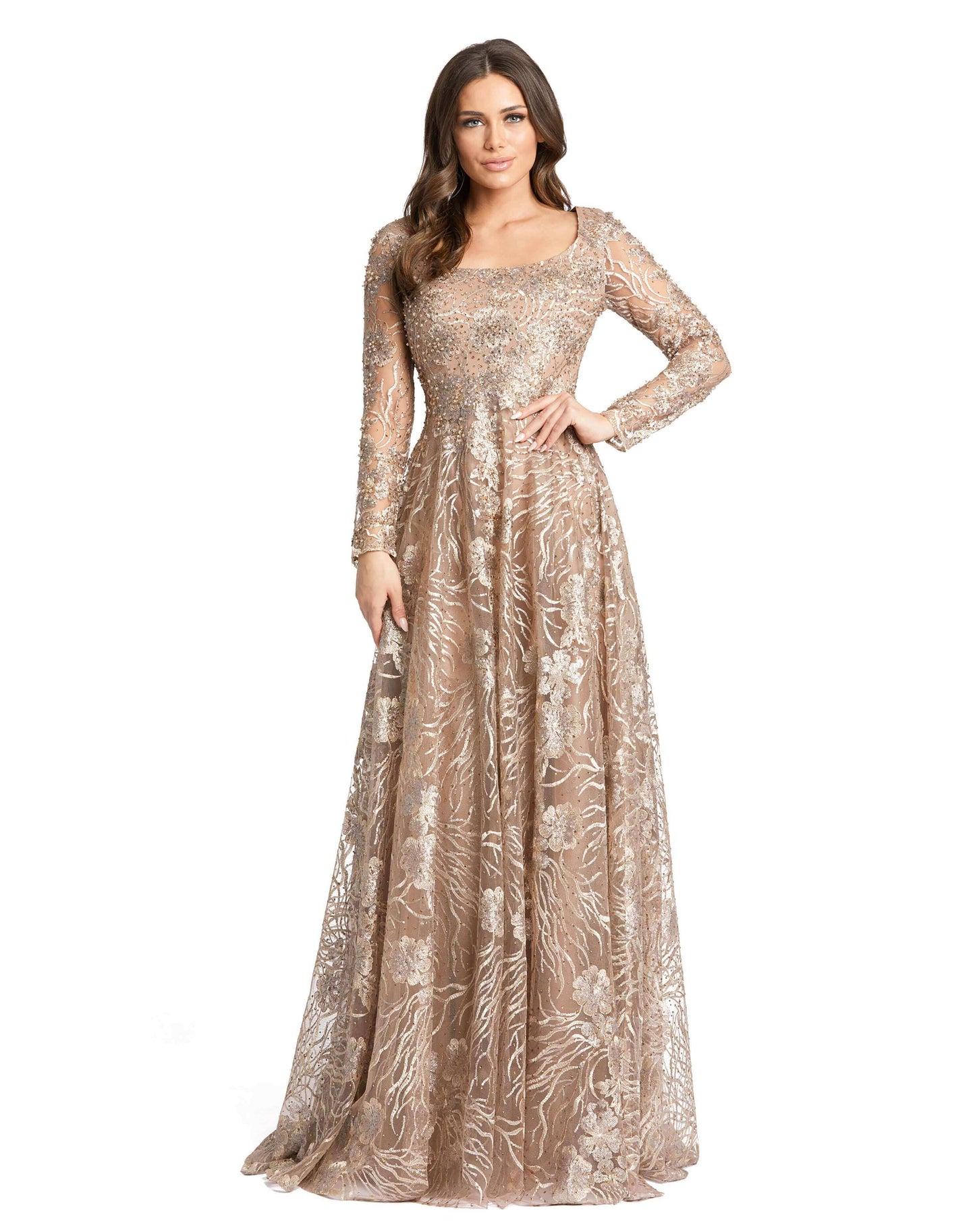 Mac Duggal Style#20285, Floral Embroidered Long Sleeve Square Neck Gown, A line,beaded,Embroidery,Floor Length,long sleeve,Newest Arrivals,Sequin,Square Neckline, $1150.00