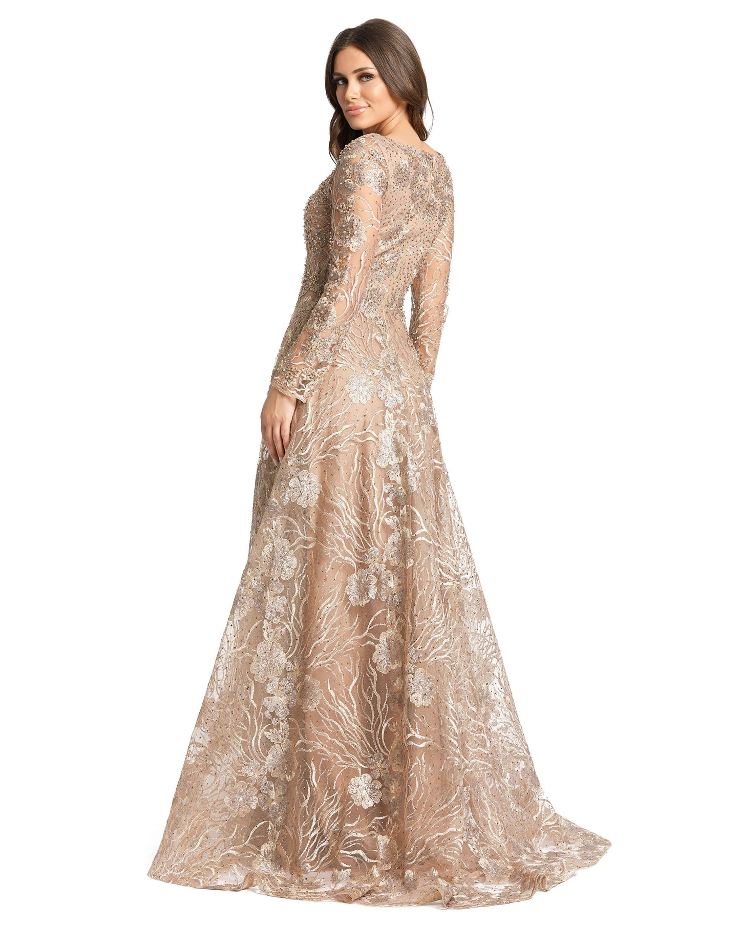 Mac Duggal Style#20285, Floral Embroidered Long Sleeve Square Neck Gown, A line,beaded,Embroidery,Floor Length,long sleeve,Newest Arrivals,Sequin,Square Neckline, $1150.00