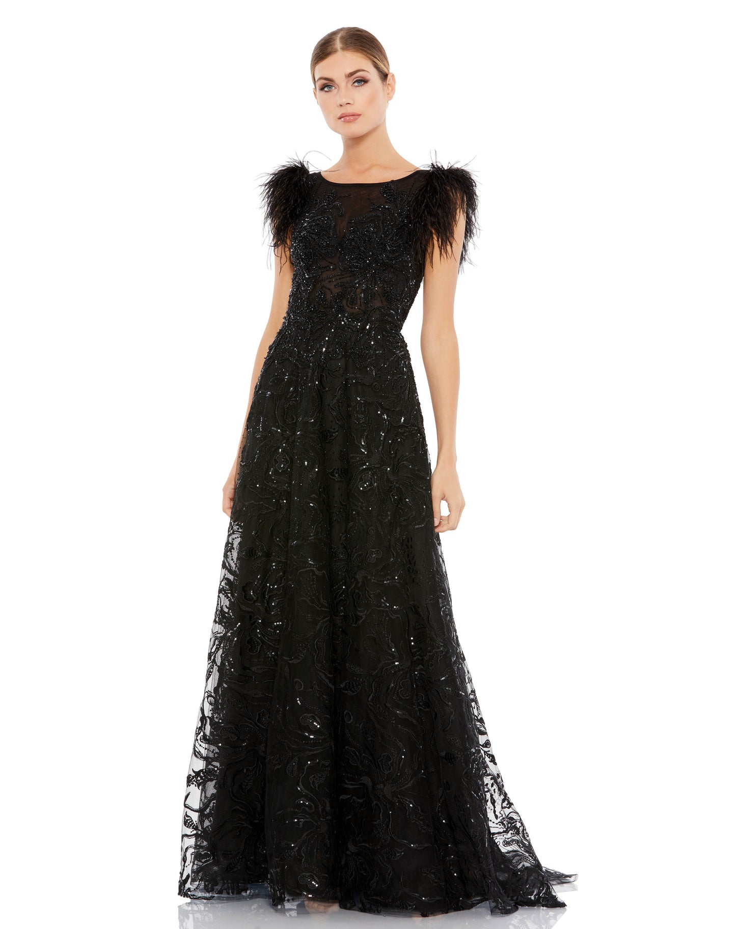 Mac Duggal Style#20296, Embellished Feather Cap Sleeve Beteau A Line Gown, A line,beaded,Cap Sleeve,Feathers,Floor Length,Sequin, $1100.00