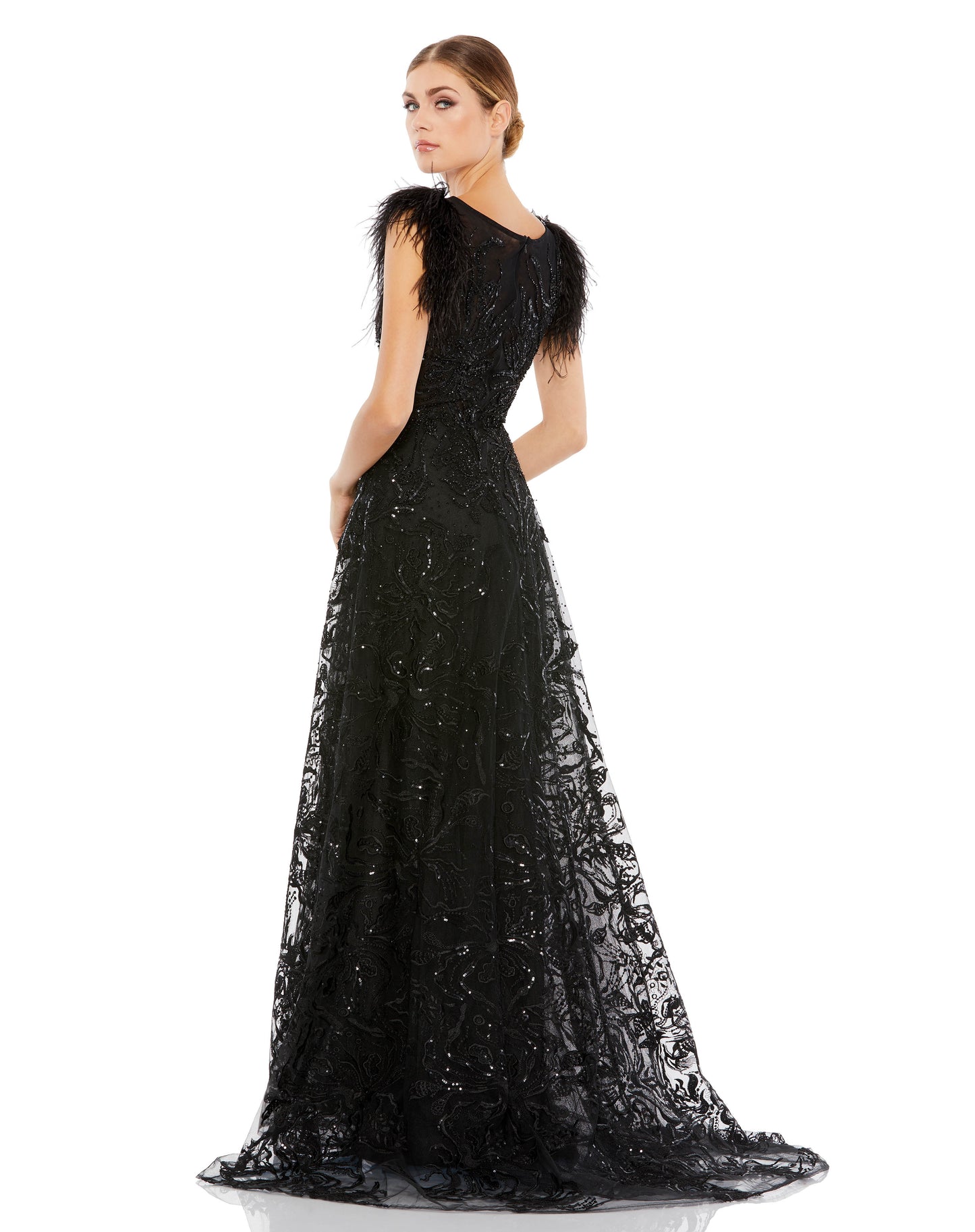Mac Duggal Style#20296, Embellished Feather Cap Sleeve Beteau A Line Gown, A line,beaded,Cap Sleeve,Feathers,Floor Length,Sequin, $1100.00