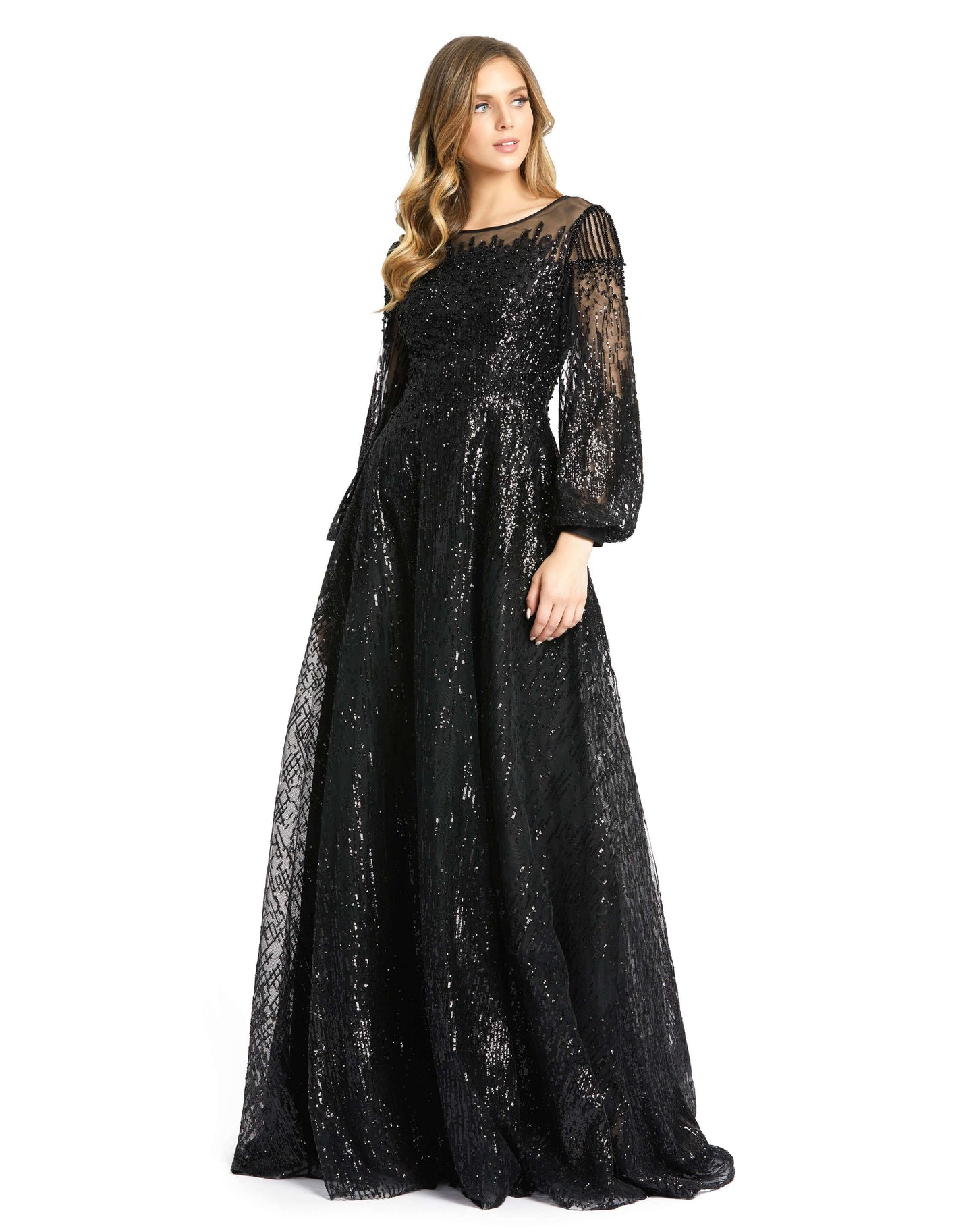 Mac Duggal Style#20307, Embellished Long Sleeve Illusion A Line Gown, A line,beaded,Floor Length,long sleeve,Puff Sleeve,Sequin, $1100.00