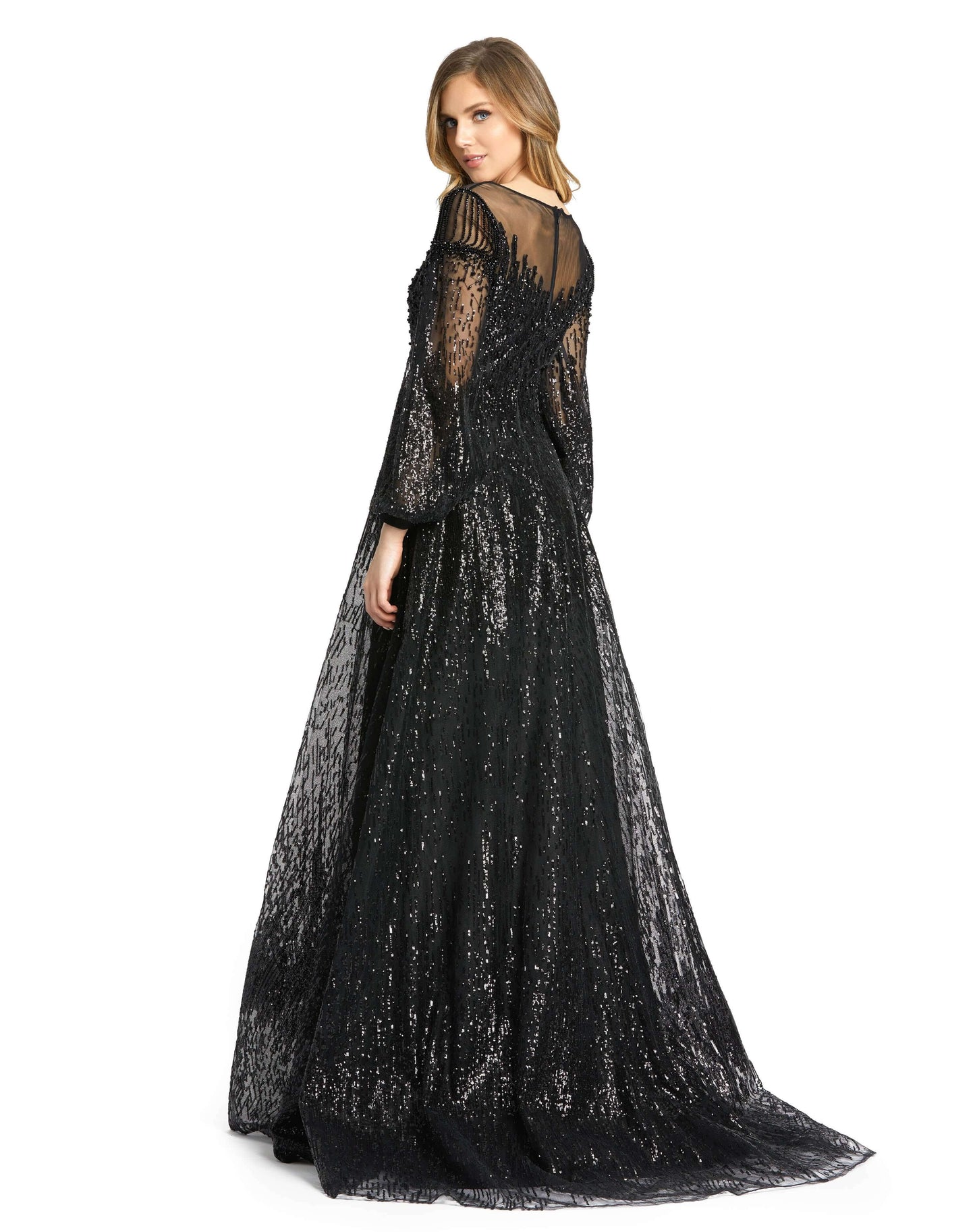 Mac Duggal Style#20307, Embellished Long Sleeve Illusion A Line Gown, A line,beaded,Floor Length,long sleeve,Puff Sleeve,Sequin, $1100.00