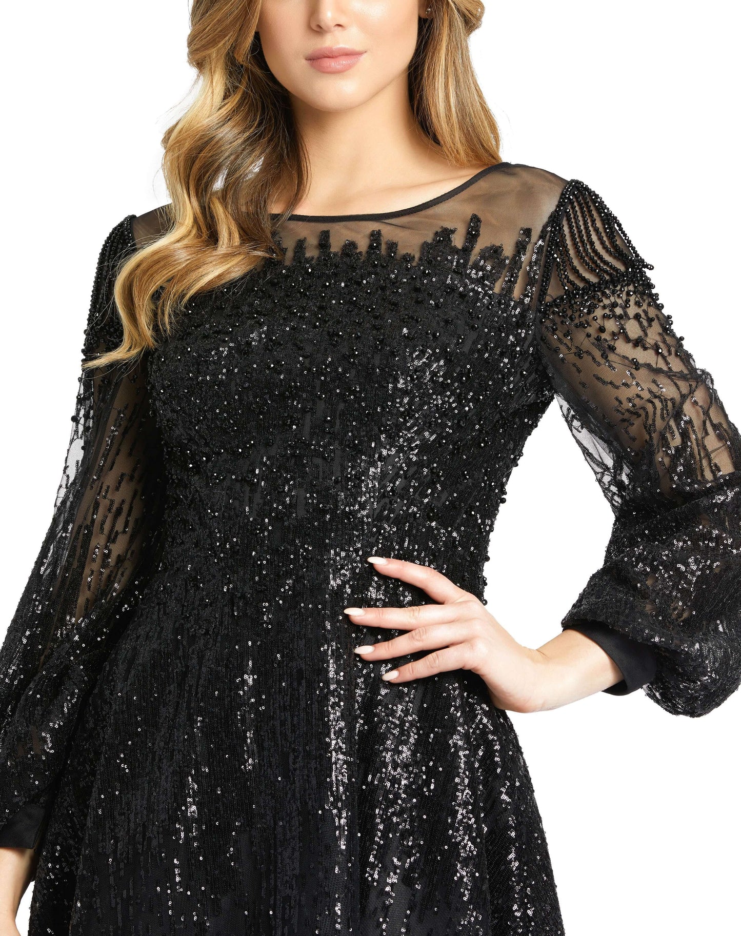 Mac Duggal Style#20307, Embellished Long Sleeve Illusion A Line Gown, A line,beaded,Floor Length,long sleeve,Puff Sleeve,Sequin, $1100.00