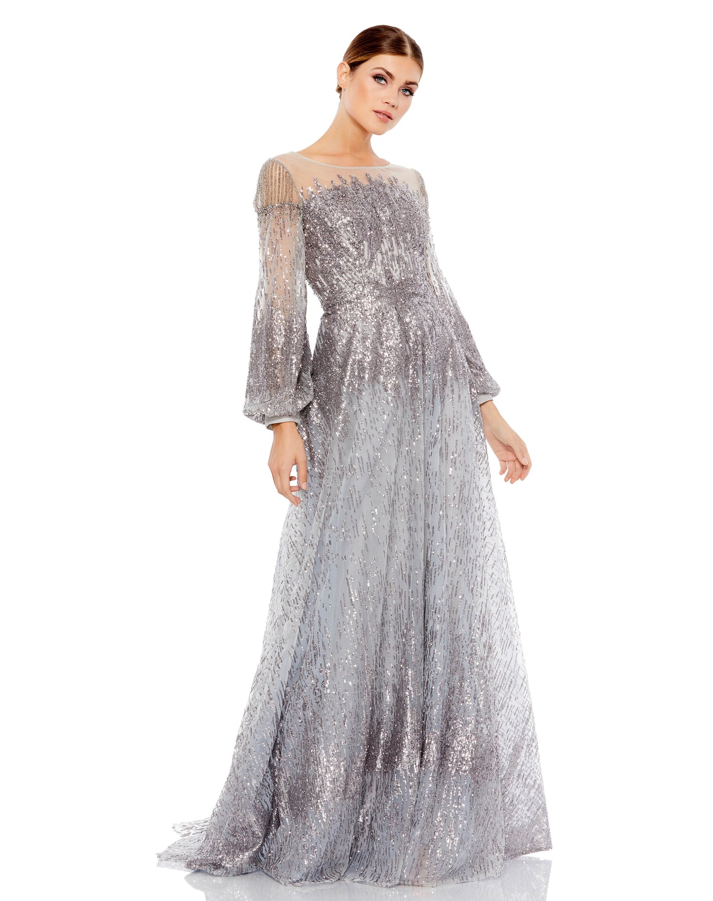 Mac Duggal Style#20307, Embellished Long Sleeve Illusion A Line Gown, A line,beaded,Floor Length,long sleeve,Puff Sleeve,Sequin, $1100.00