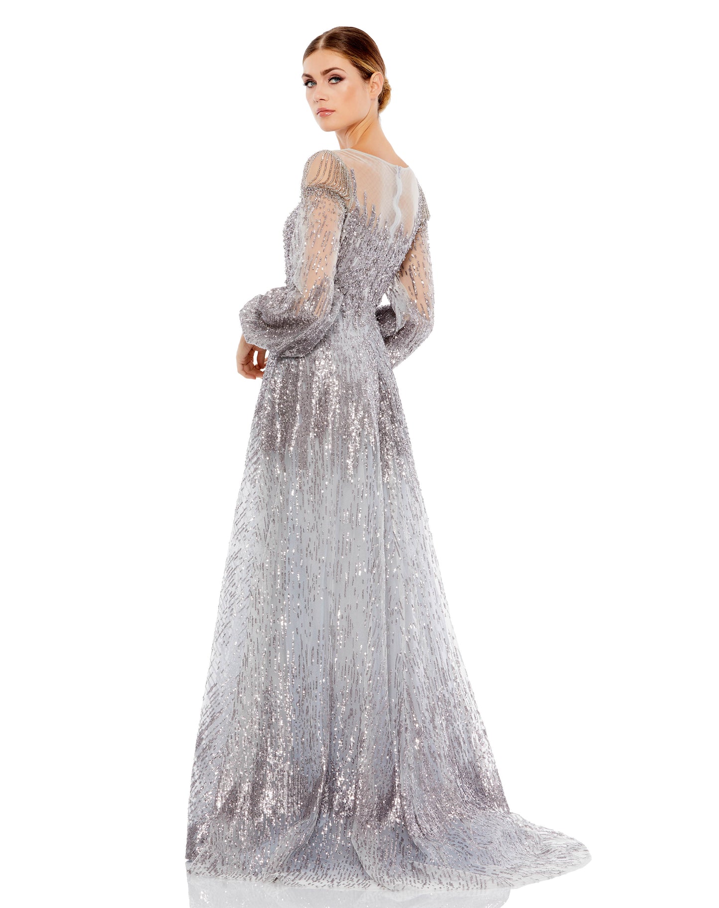 Mac Duggal Style#20307, Embellished Long Sleeve Illusion A Line Gown, A line,beaded,Floor Length,long sleeve,Puff Sleeve,Sequin, $1100.00