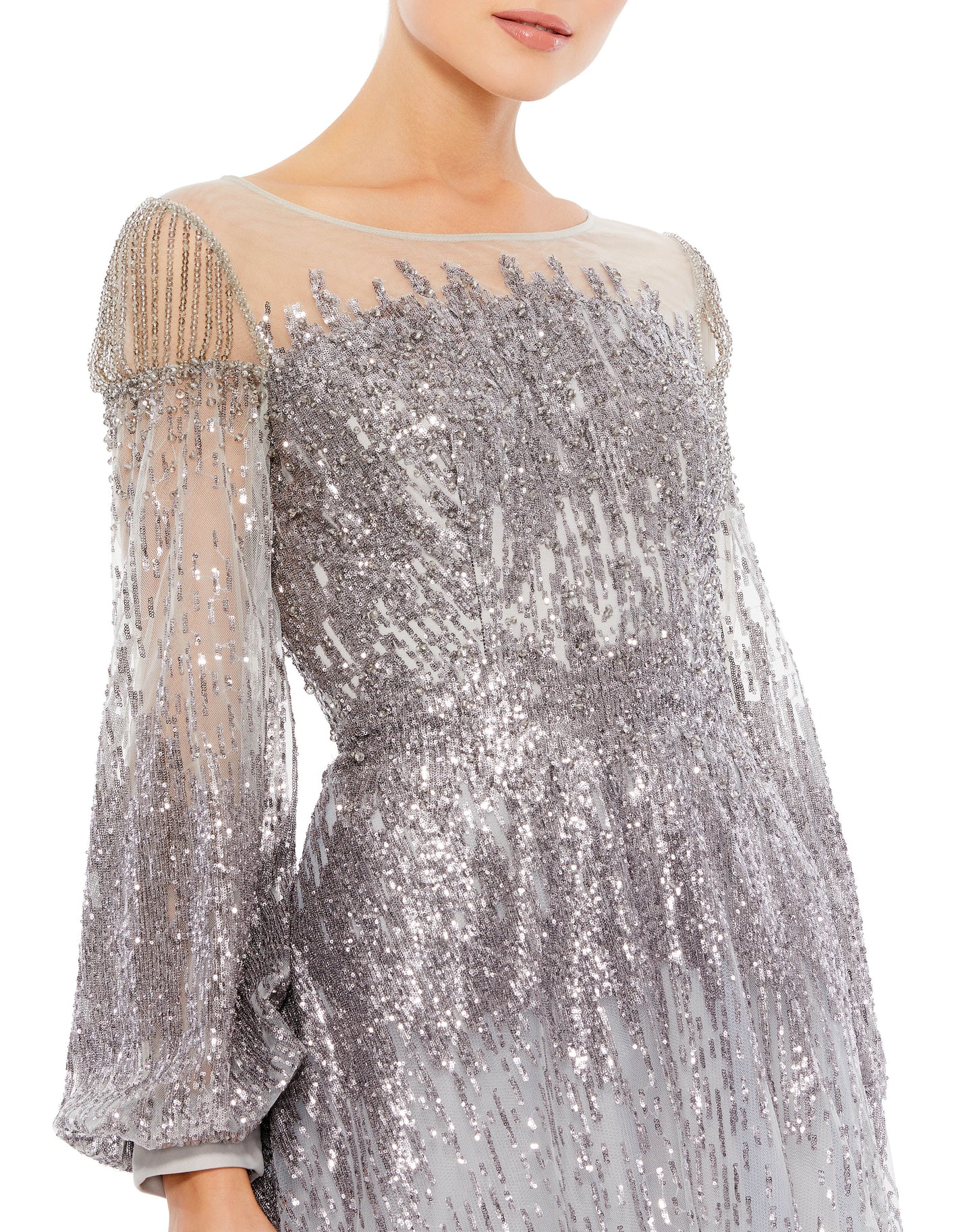 Mac Duggal Style#20307, Embellished Long Sleeve Illusion A Line Gown, A line,beaded,Floor Length,long sleeve,Puff Sleeve,Sequin, $1100.00