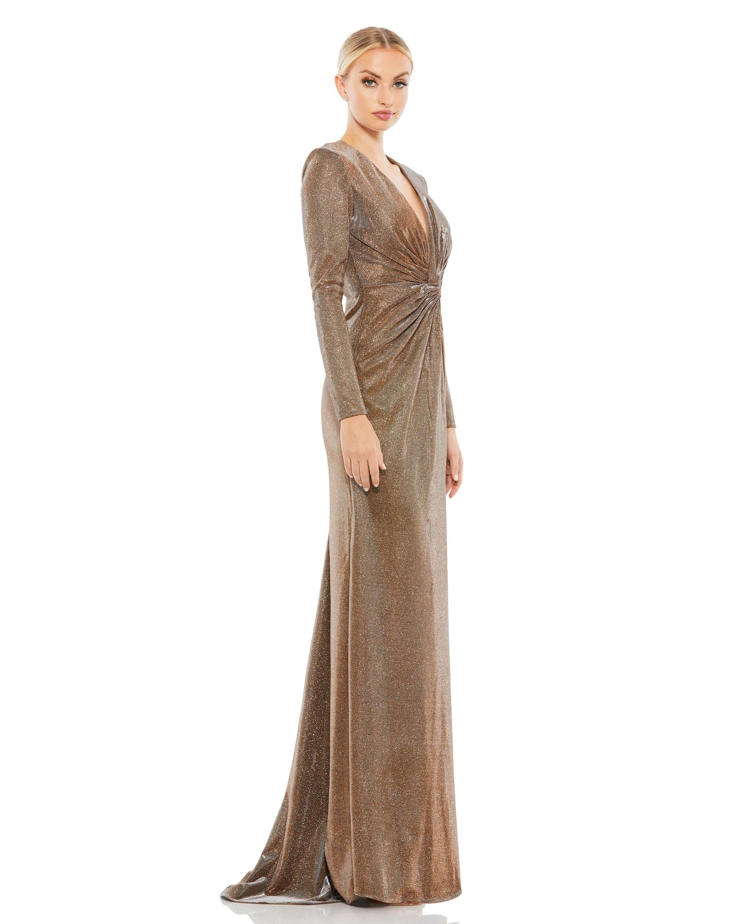 Mac Duggal Style#26194, Metallic Twist Front Plunging Long Sleeve Gown, Fit and Flare,Floor Length,long sleeve,Ruched,Shimmer,V-Neck, $620.00