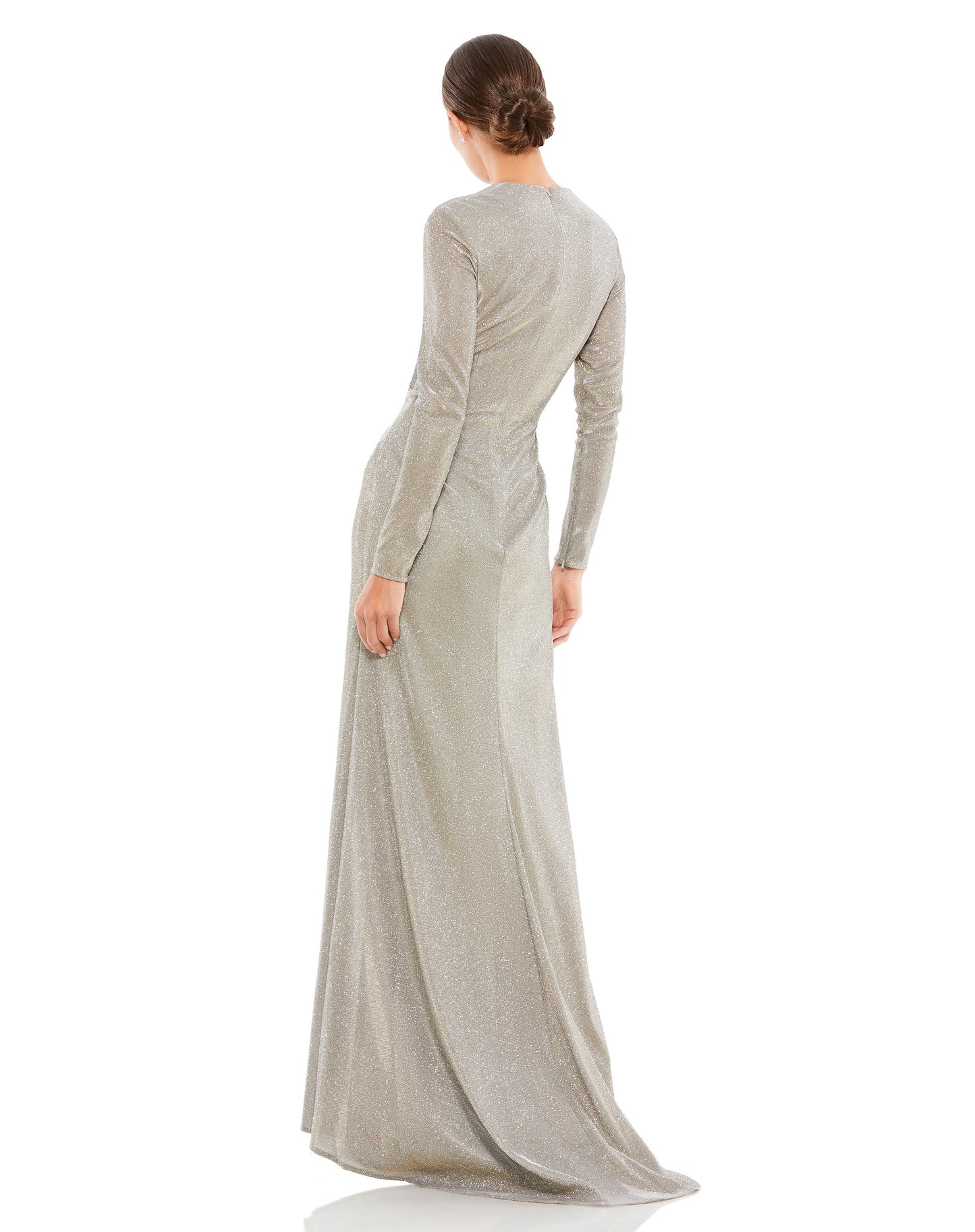 Mac Duggal Style#26194, Metallic Twist Front Plunging Long Sleeve Gown, Fit and Flare,Floor Length,long sleeve,Ruched,Shimmer,V-Neck, $620.00