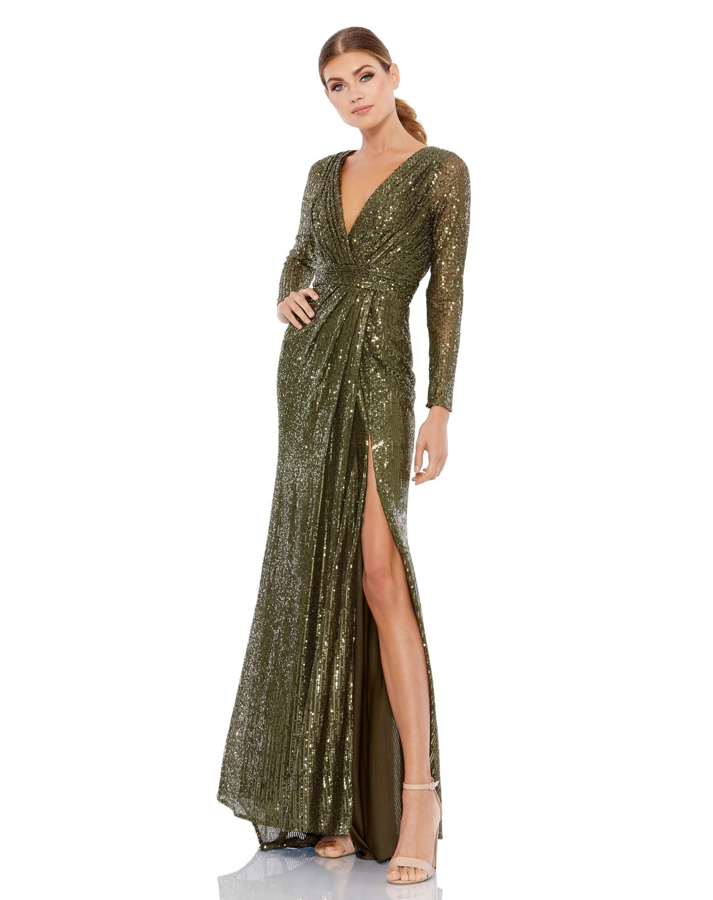 Mac Duggal Style#26490, Long Sleeve Ruched Faux Wrap Sequined Gown, Fit and Flare,Floor Length,long sleeve,Sequin,Slit,V-Neck, $695.00