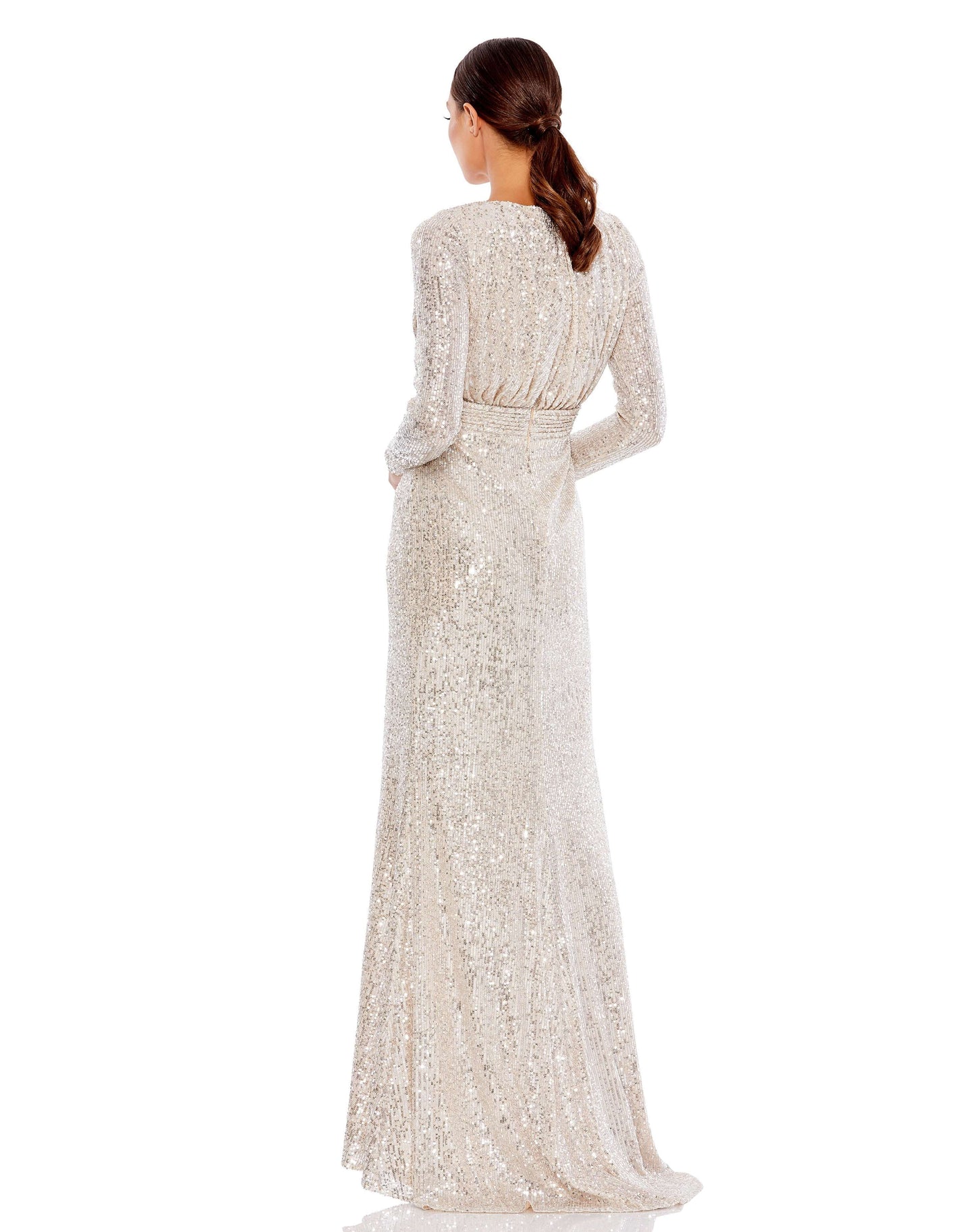 Mac Duggal Style#26490, Long Sleeve Ruched Faux Wrap Sequined Gown, Fit and Flare,Floor Length,long sleeve,Sequin,Slit,V-Neck, $695.00