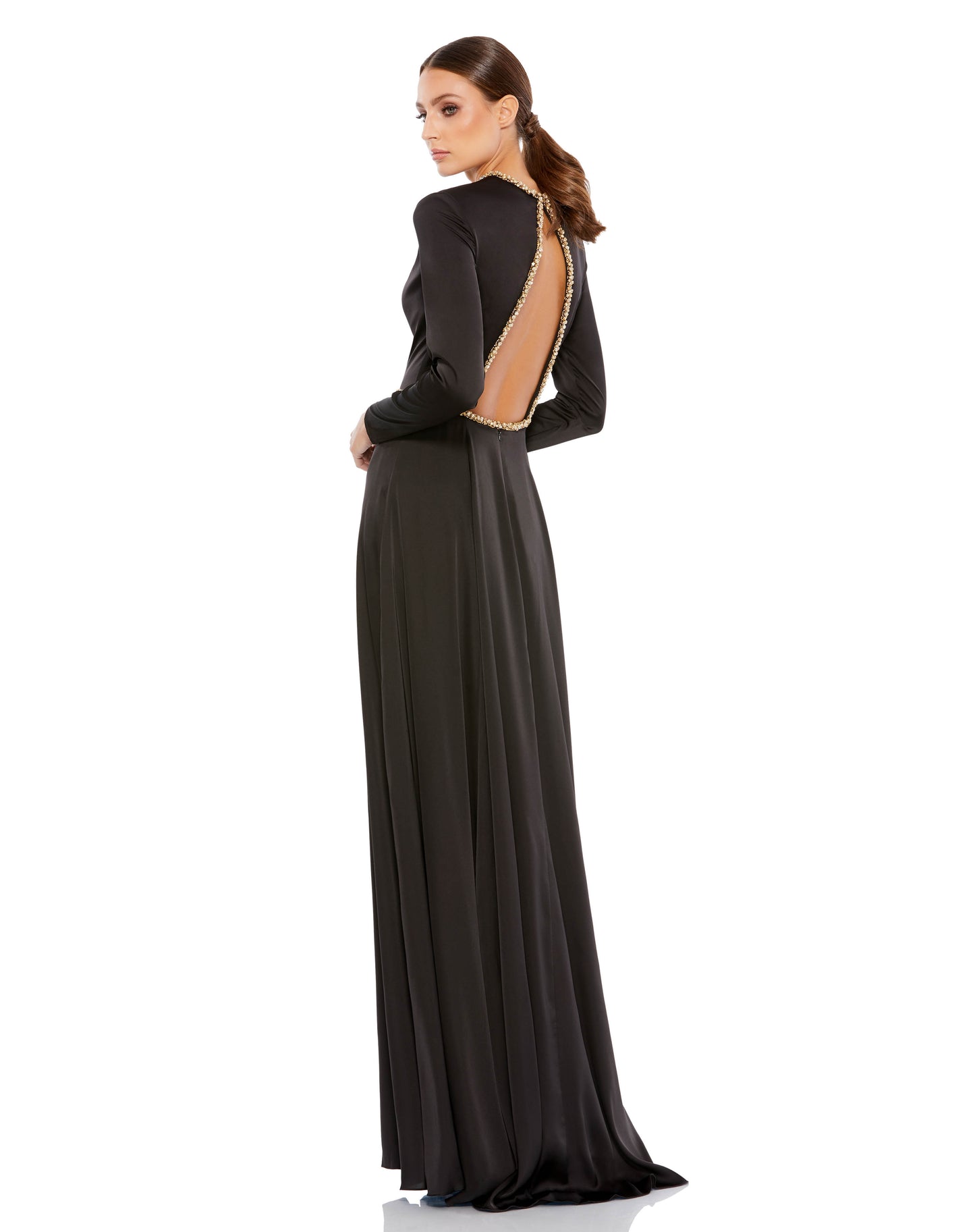 Long-sleeved charmeuse gown accented with a bejeweled belt, neckline, jewel-trimmed open back. Ieena for Mac Duggal Fully Lined Back Zipper 100% Polyester Long Sleeve Full Length High Front Slit Style #26524