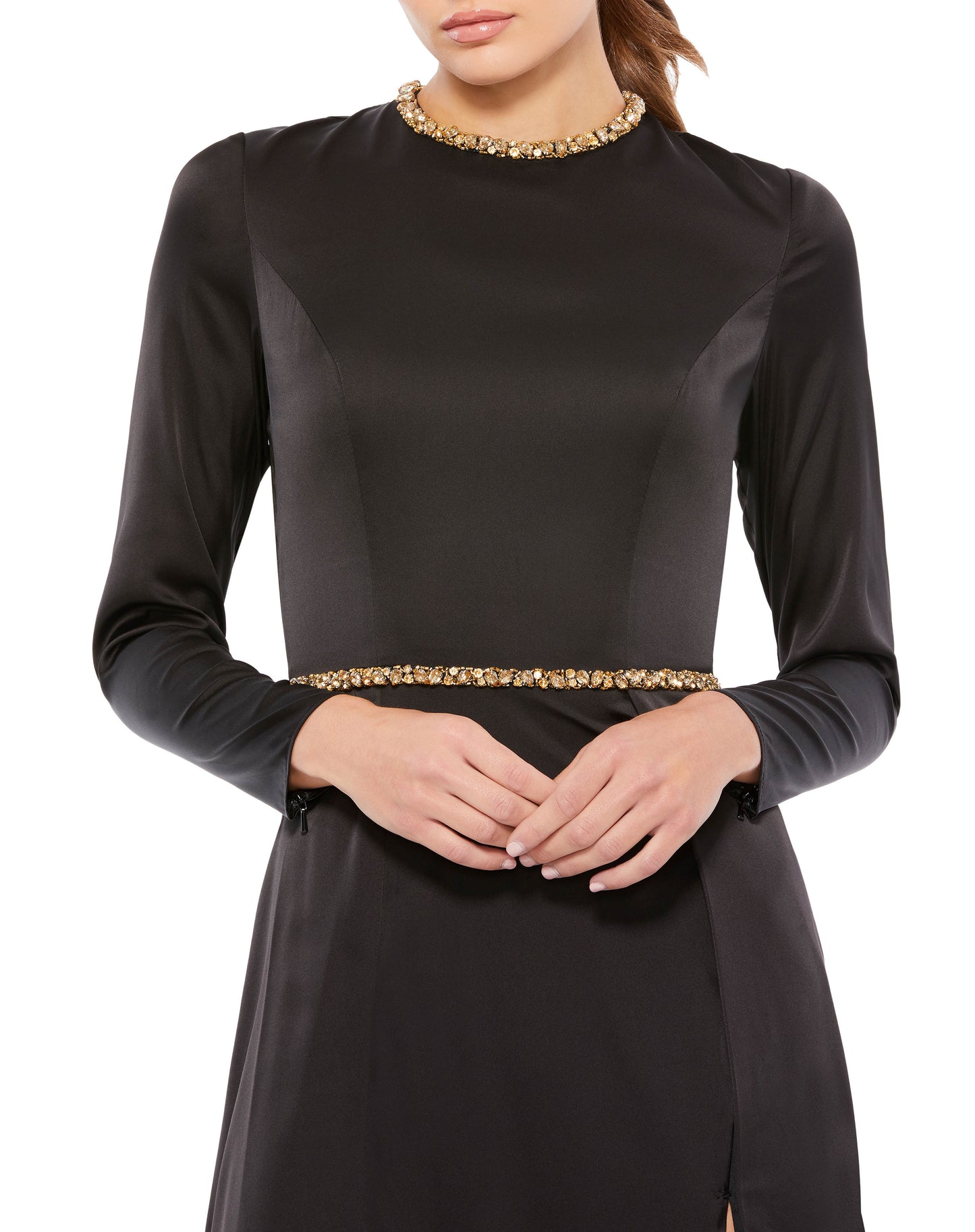 Long-sleeved charmeuse gown accented with a bejeweled belt, neckline, jewel-trimmed open back. Ieena for Mac Duggal Fully Lined Back Zipper 100% Polyester Long Sleeve Full Length High Front Slit Style #26524