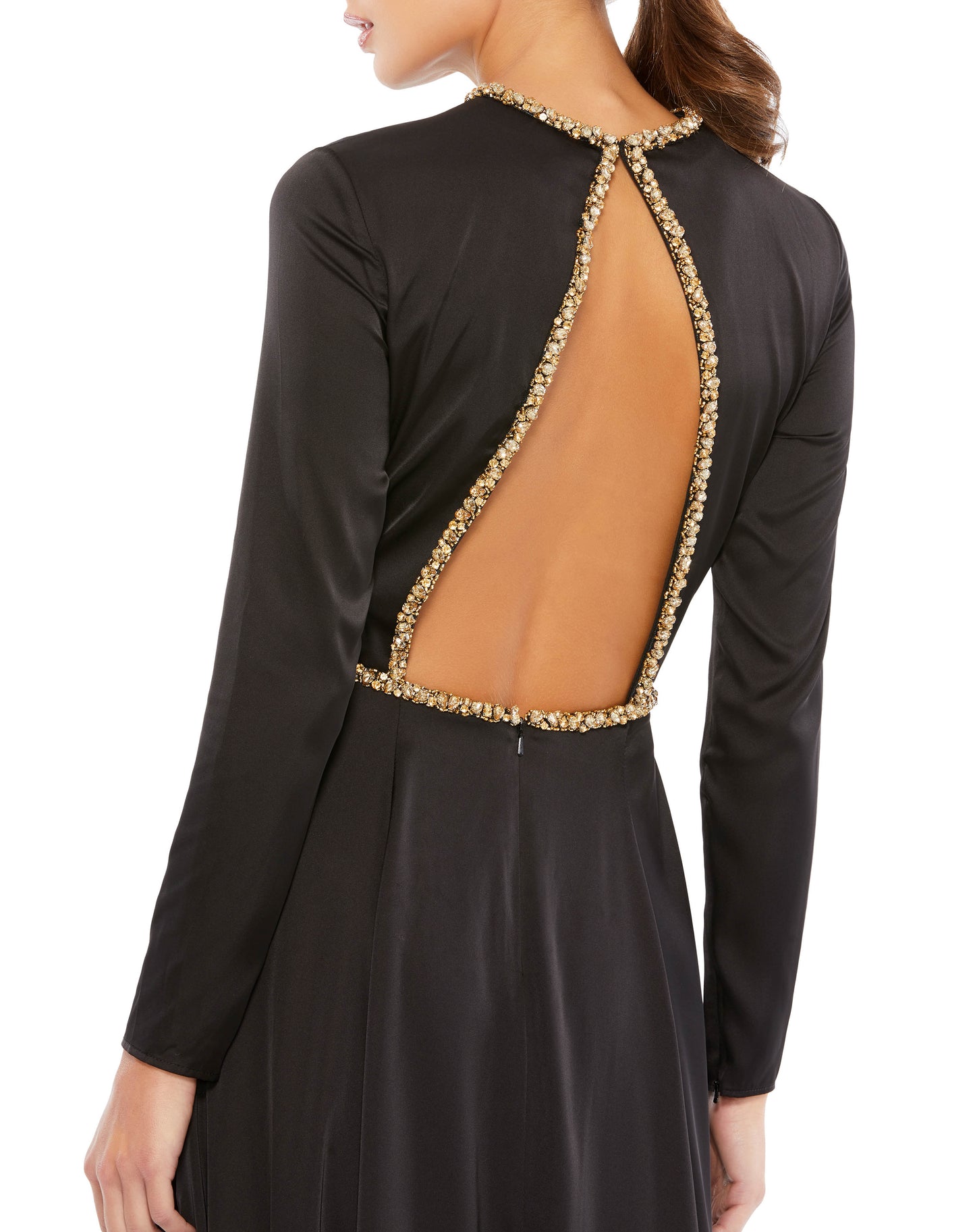 Long-sleeved charmeuse gown accented with a bejeweled belt, neckline, jewel-trimmed open back. Ieena for Mac Duggal Fully Lined Back Zipper 100% Polyester Long Sleeve Full Length High Front Slit Style #26524