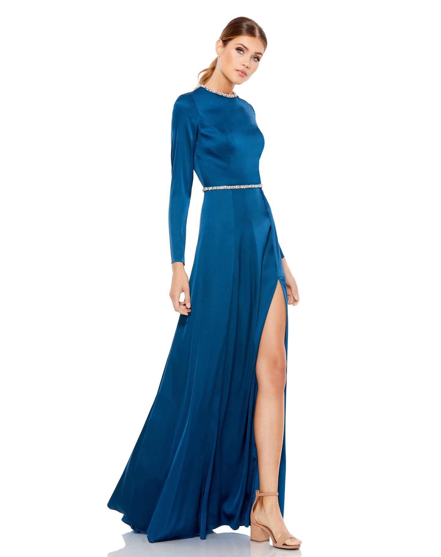 Long-sleeved charmeuse gown accented with a bejeweled belt, neckline, jewel-trimmed open back. Ieena for Mac Duggal Fully Lined Back Zipper 100% Polyester Long Sleeve Full Length High Front Slit Style #26524