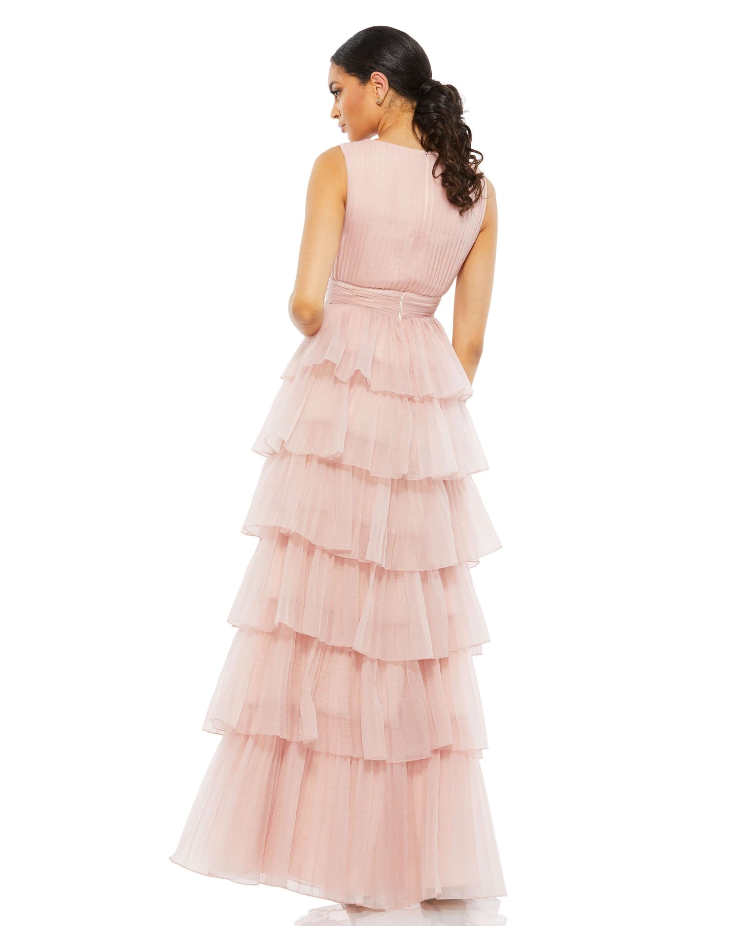 Mac Duggal Style#26594, Layered V-Neck Gown with a Slit, Fit and Flare,Floor Length,Pleated,Ruffles,sleeveless,V-Neck, $650.00