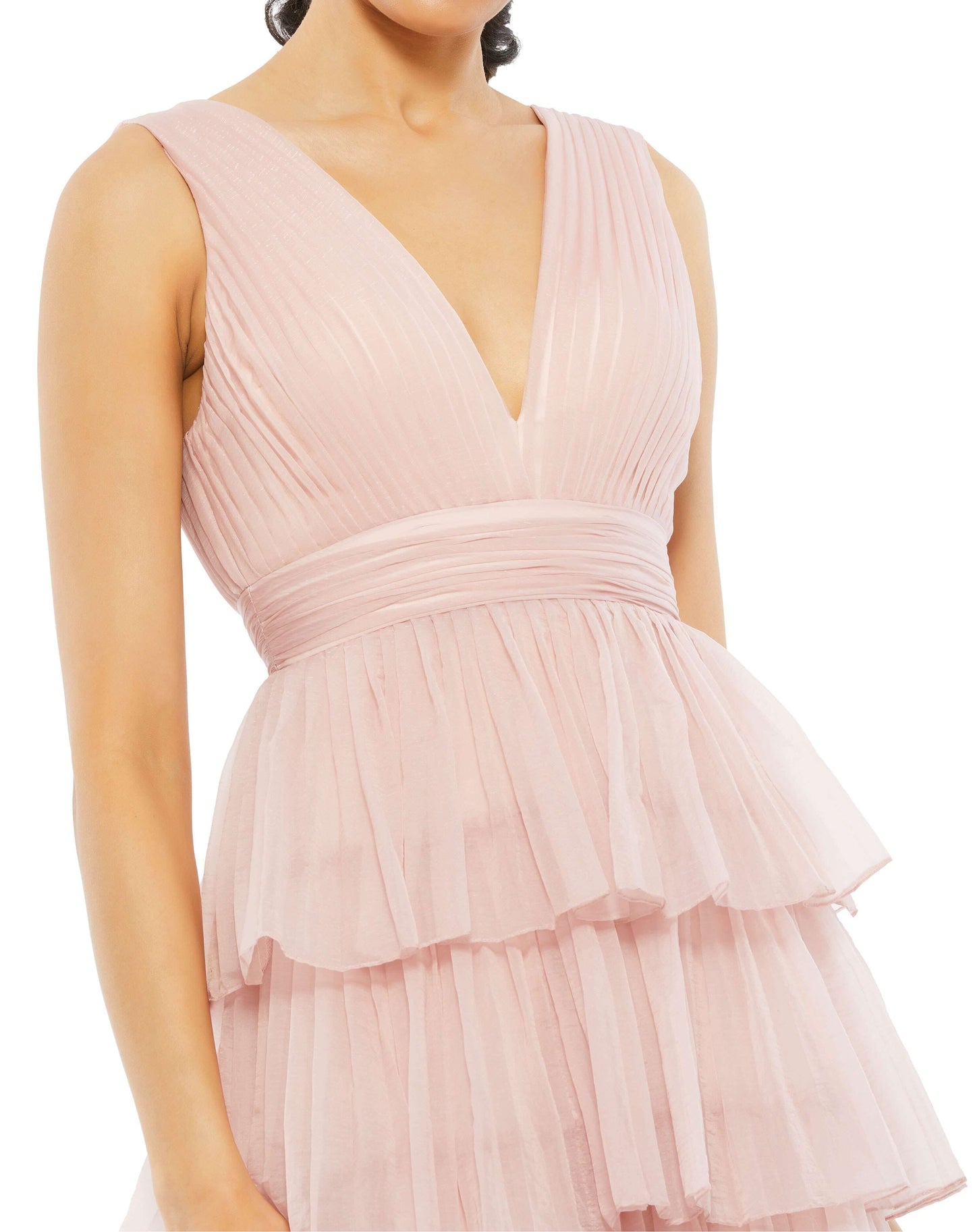 Mac Duggal Style#26594, Layered V-Neck Gown with a Slit, Fit and Flare,Floor Length,Pleated,Ruffles,sleeveless,V-Neck, $650.00