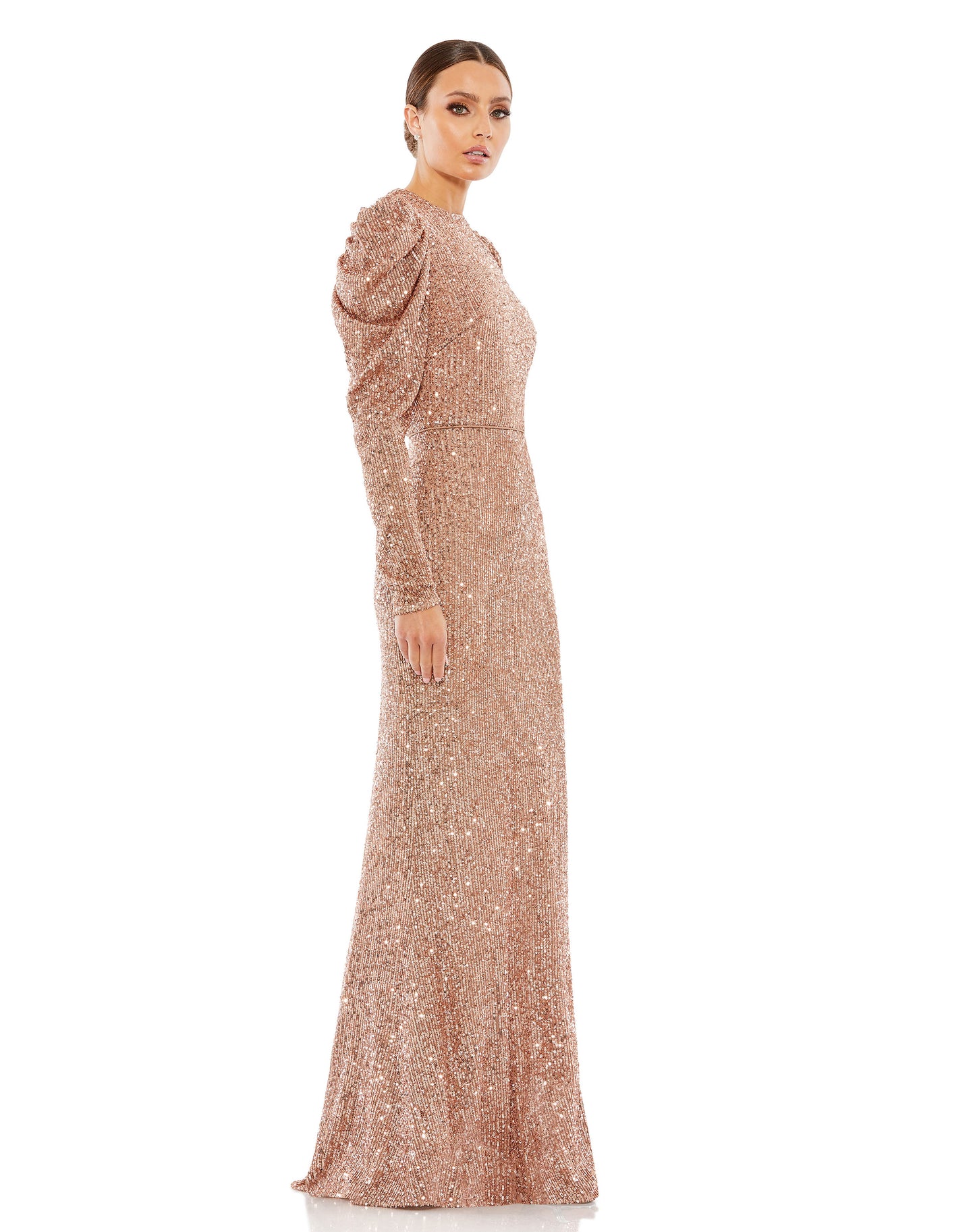 Ieena for Mac Duggal Sequined mesh overlay; 100% polyester lining Fully lined through body Round high neckline Long puff sleeves Concealed back zipper Approx. 62.5" from top of shoulder to bottom hem Available in Copper Style #26692