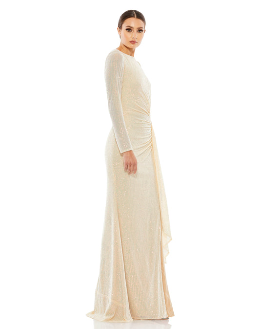 Mac Duggal Style#26715, Sequined Ruched Long Sleeve Boat Neck Gown, Fit and Flare,Floor Length,long sleeve,Ruched,Sequin,Slit, $620.00