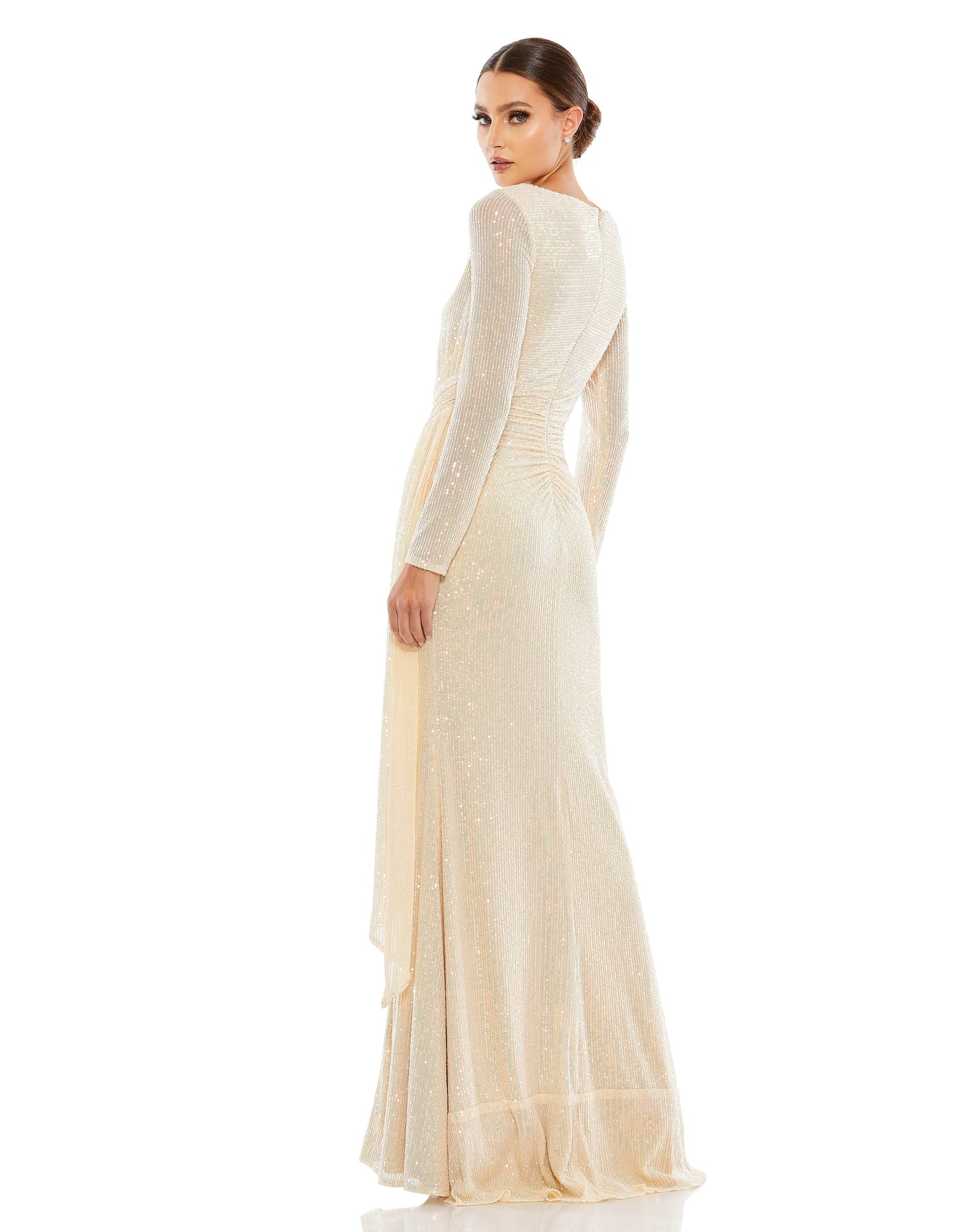 Ieena for Mac Duggal Sequined mesh overlay; 100% polyester lining Fully lined through bodice and skirt; semi-sheer unlined sleeves Boat neckline Long sleeves Ruching featured along bodice, skirt, and back of gown Thigh-high front slit Concealed back zippe