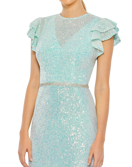 Mac Duggal Style#26942, Sequined High Neck Flutter Sleeve Gown, Cap Sleeve,Fit and Flare,Floor Length,Newest Arrivals,Ruffles,Sequin, $640.00