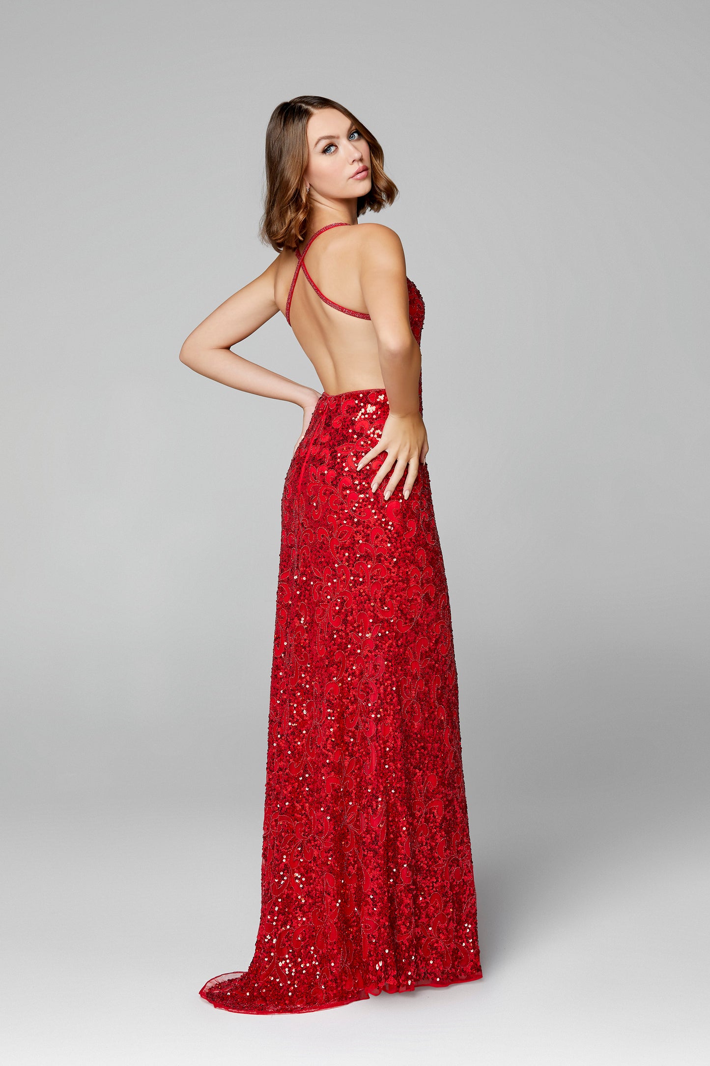 Primavera Style#3295, V-Neck Sequin Fitted Gown, Floor Length,Open Back,Sequin,sleeveless,Slit,V-Neck, $450.00