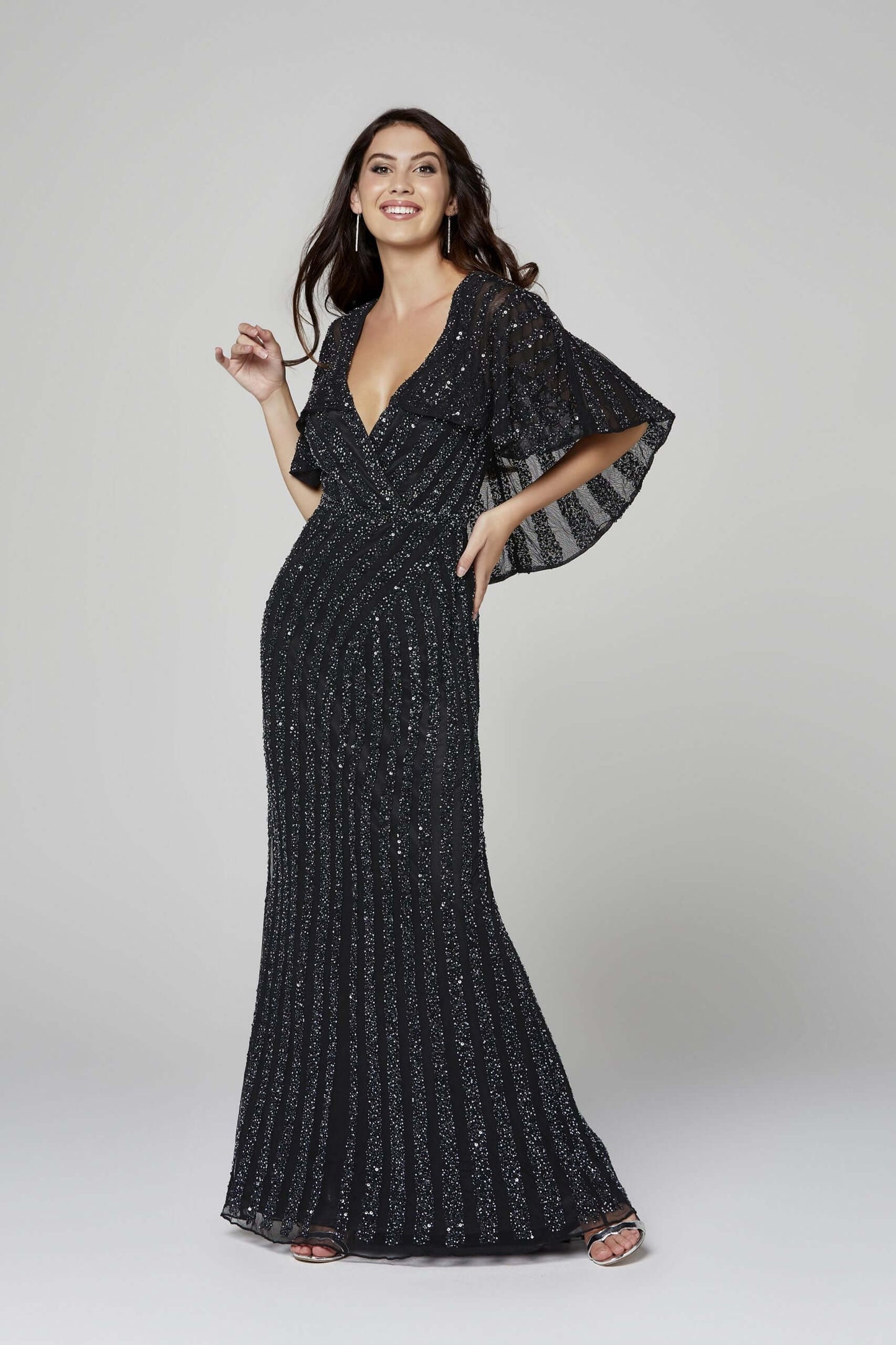 Primavera Style#3366, Cape Back Beaded Fit and Flare Gown, beaded,Cape,Fit and Flare,Floor Length,Sequin,V-Neck, $590.00