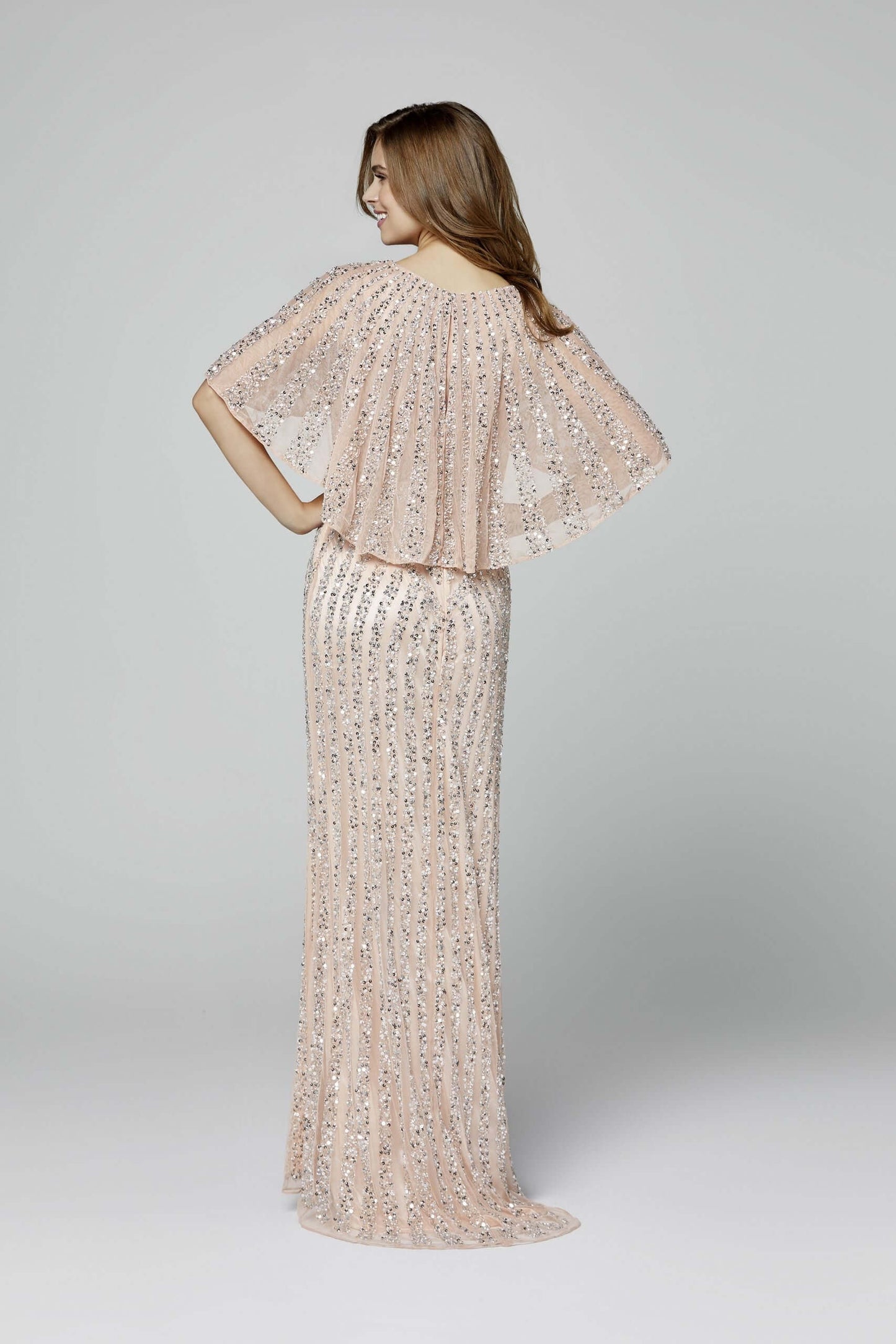 Primavera Style#3366, Cape Back Beaded Fit and Flare Gown, beaded,Cape,Fit and Flare,Floor Length,Sequin,V-Neck, $590.00