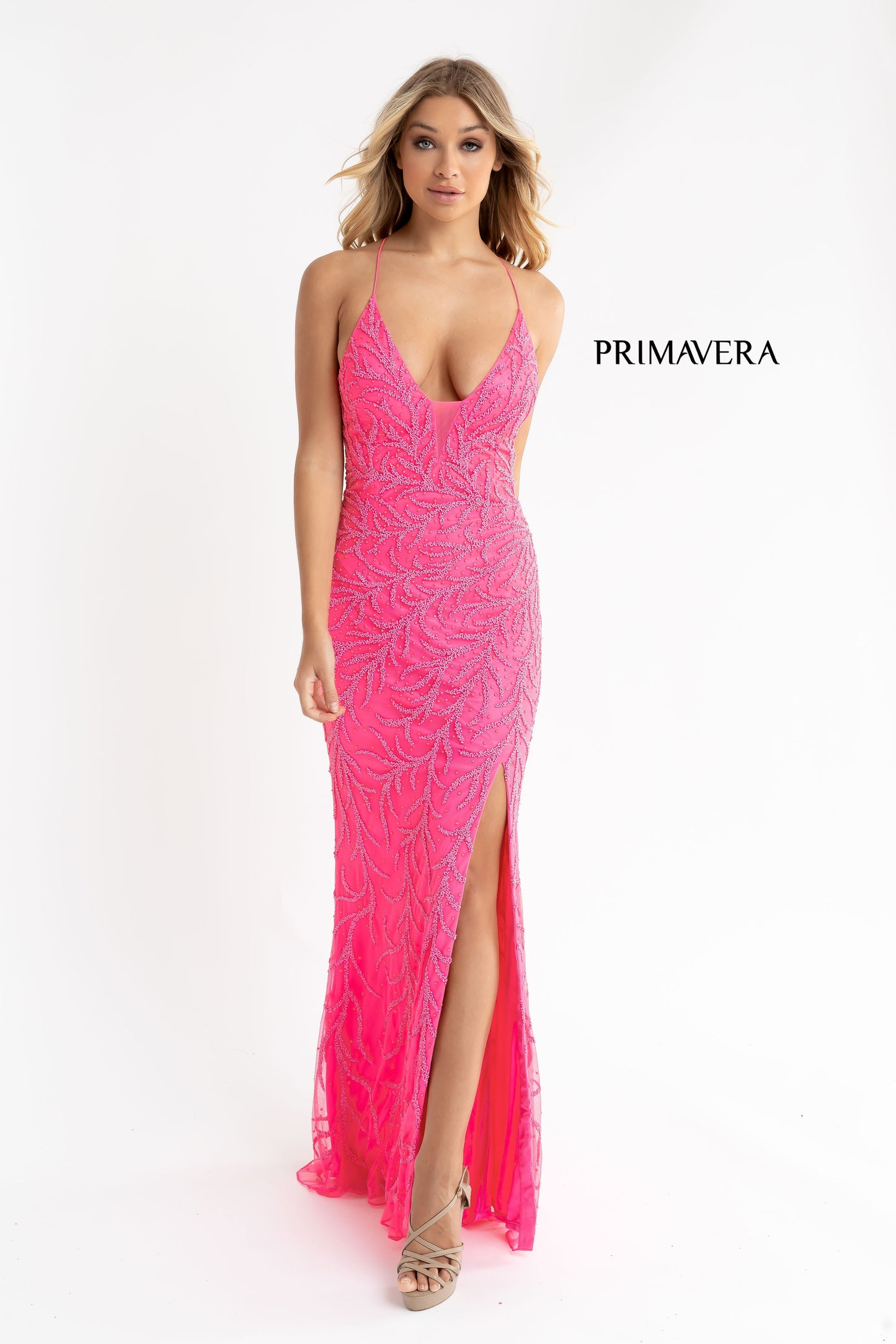 Primavera Style#3636, Beaded Strap Back Gown, beaded,Fit and Flare,Floor Length,Open Back,Sequin,sleeveless,Strap Back,V-Neck, $650.00