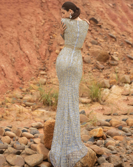 Primavera Style#3684, Geometric Pattern Sequin Gown, Floor Length,long sleeve,Sequin,Sheath,V-Neck, $650.00