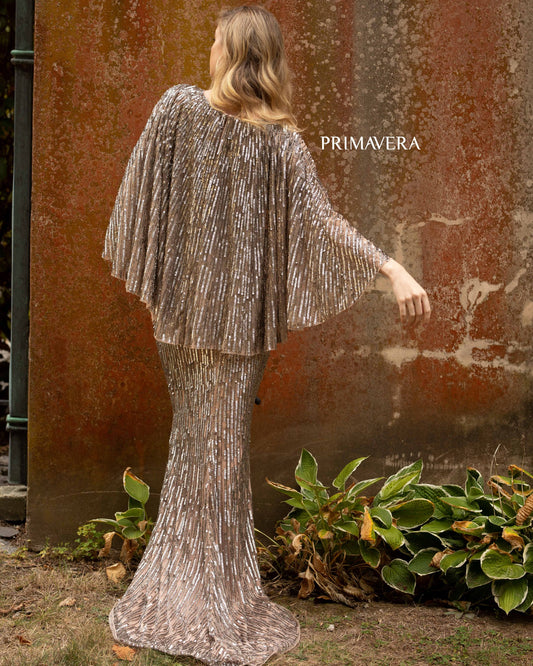 Primavera Style#3687, Cape Sleeve Sequin Gown, Cape Sleeves,Fit and Flare,Floor Length,Sequin, $850.00
