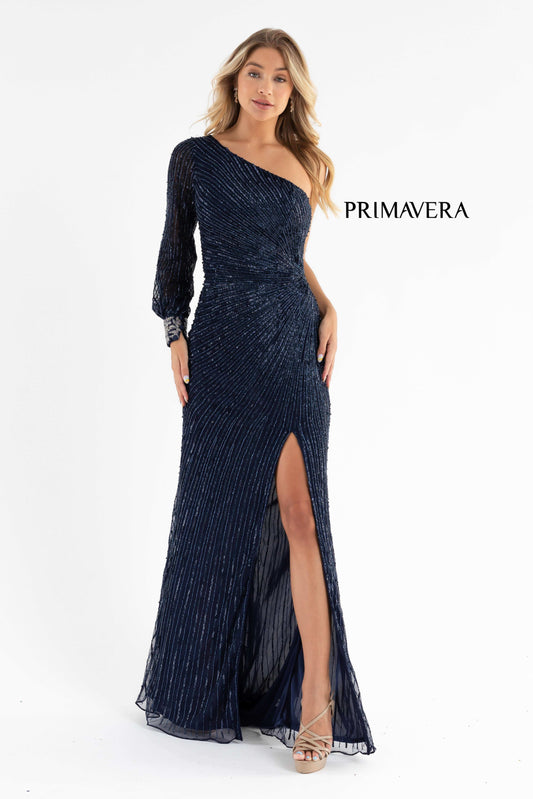 Primavera Style#, Beaded One Sleeve Fitted Gown, beaded,Fit and Flare,Floor Length,long sleeve,One Shoulder,Sequin,Slit, $750.00