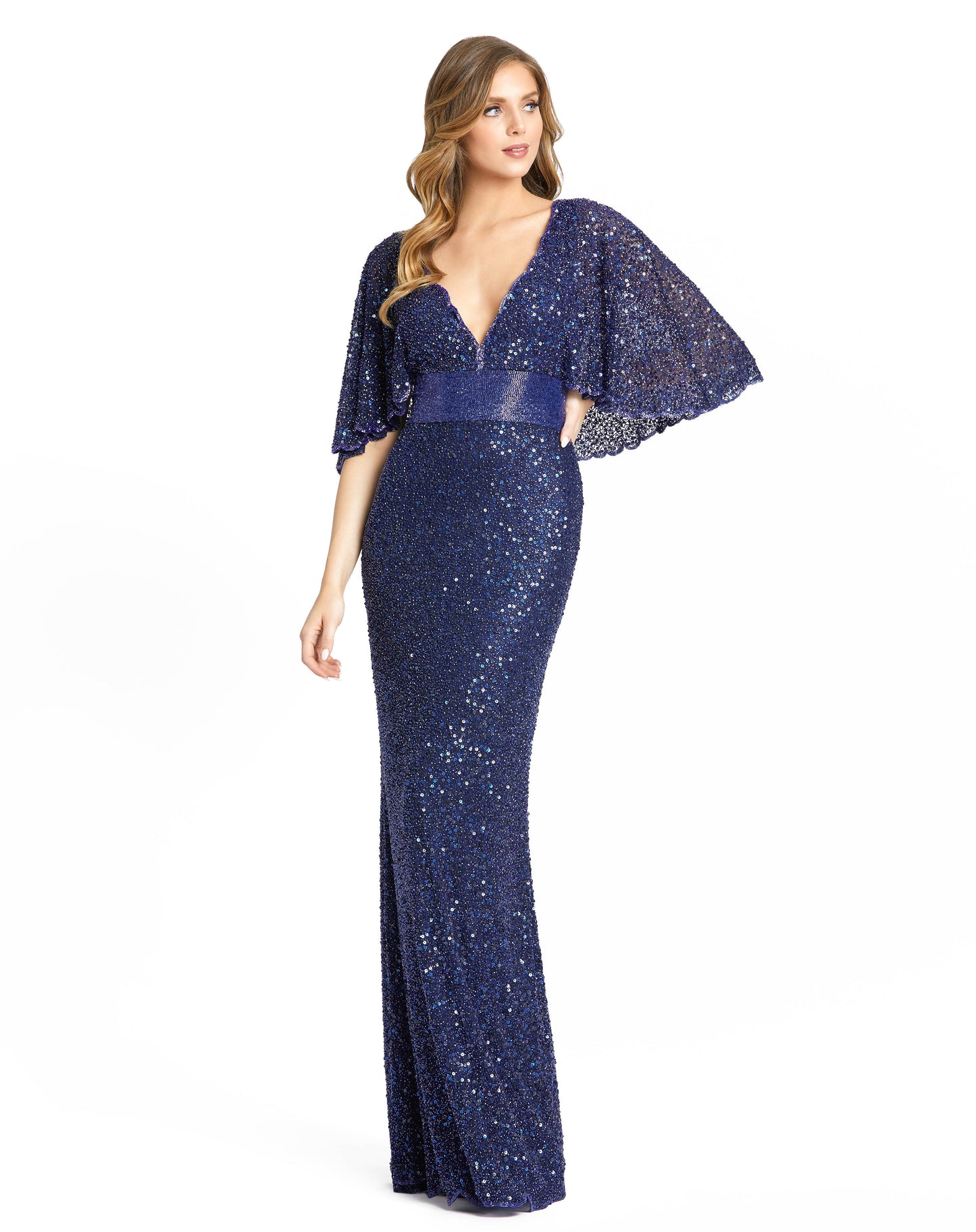 Beautiful sequin v-neck gown with bell sleeves and waist beading. Mac Duggal Partially Lined Back Zipper 100% Polyester Short Sleeve Full Length V-Neck Style #4808