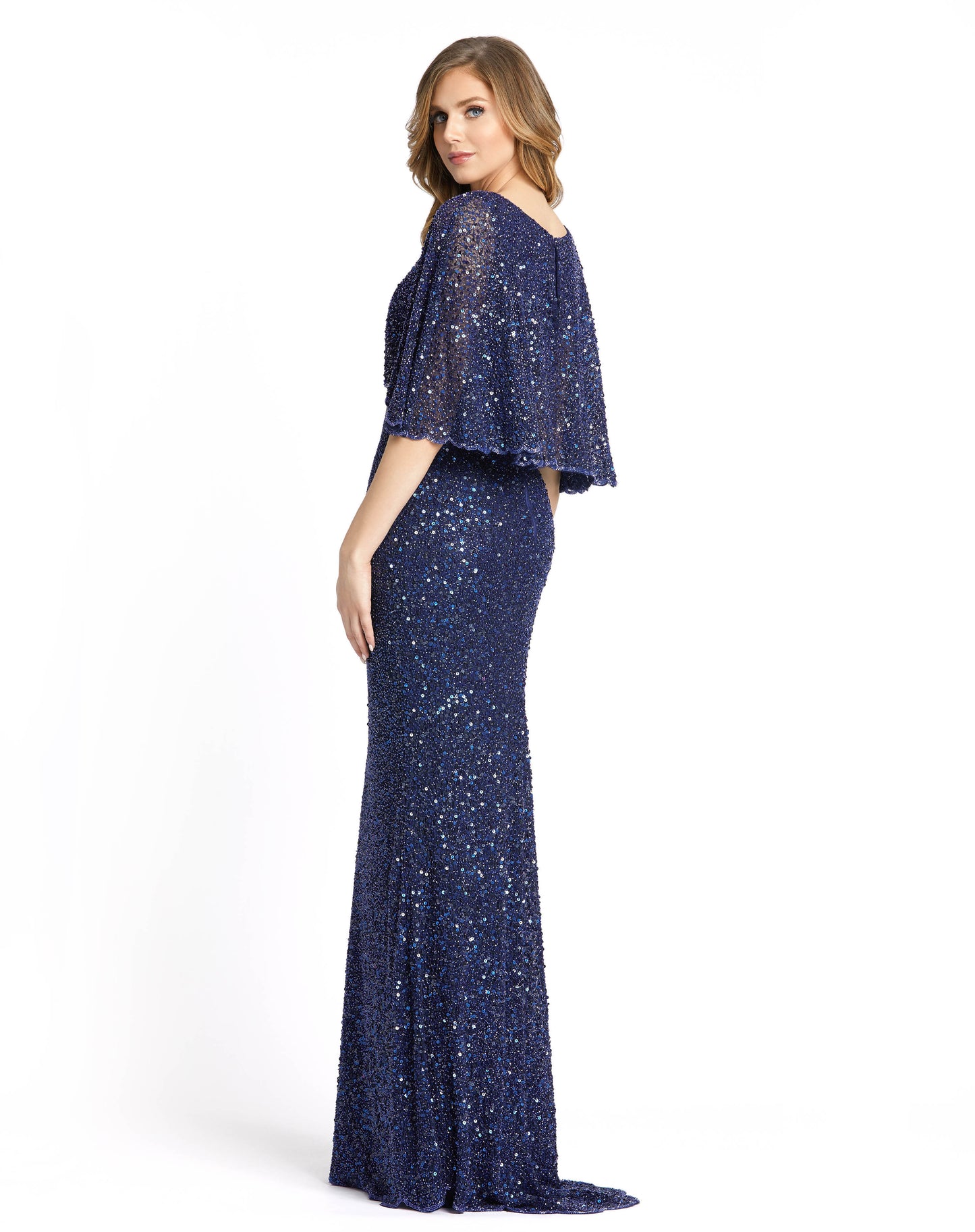 Beautiful sequin v-neck gown with bell sleeves and waist beading. Mac Duggal Partially Lined Back Zipper 100% Polyester Short Sleeve Full Length V-Neck Style #4808