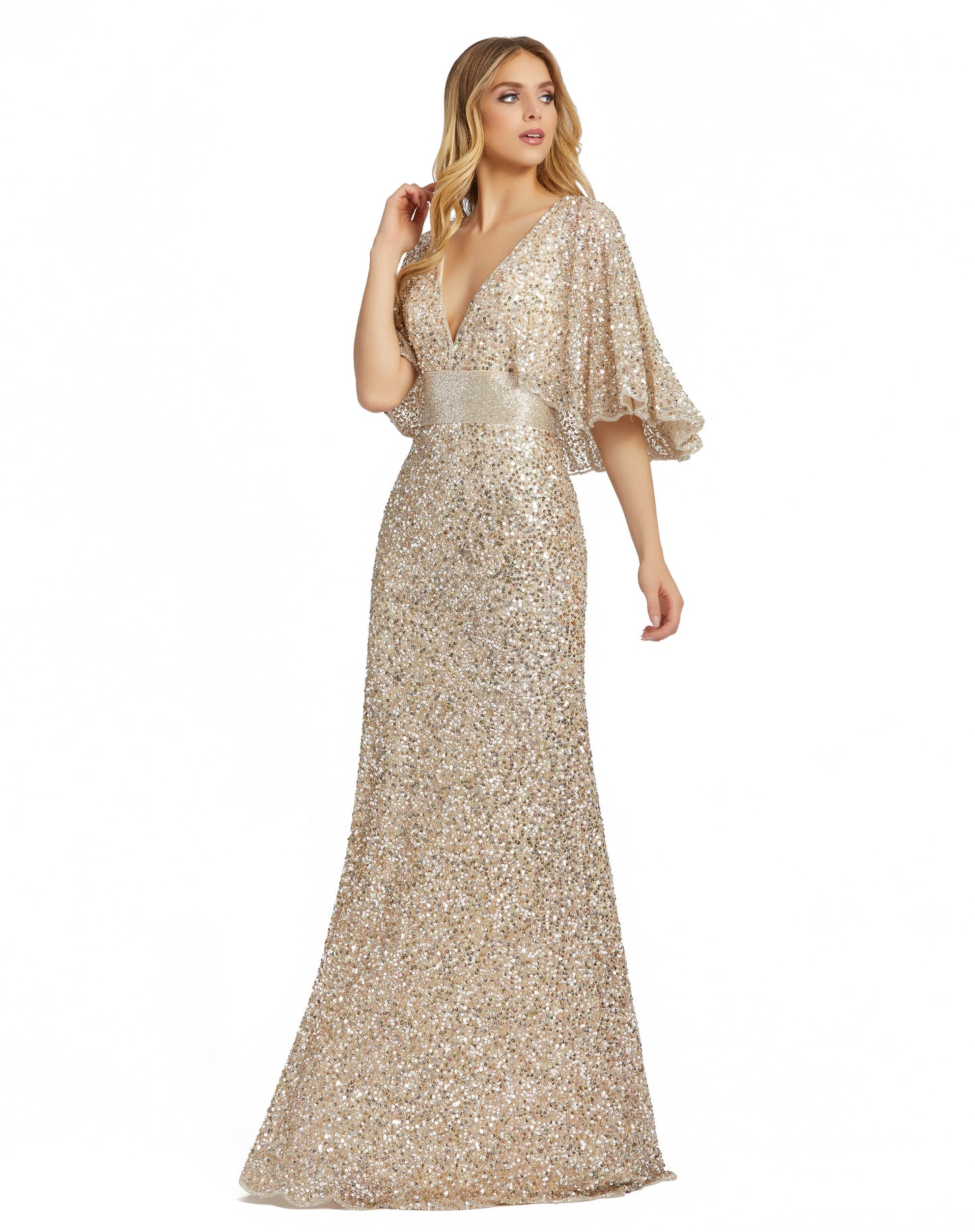 Beautiful sequin v-neck gown with bell sleeves and waist beading. Mac Duggal Partially Lined Back Zipper 100% Polyester Short Sleeve Full Length V-Neck Style #4808